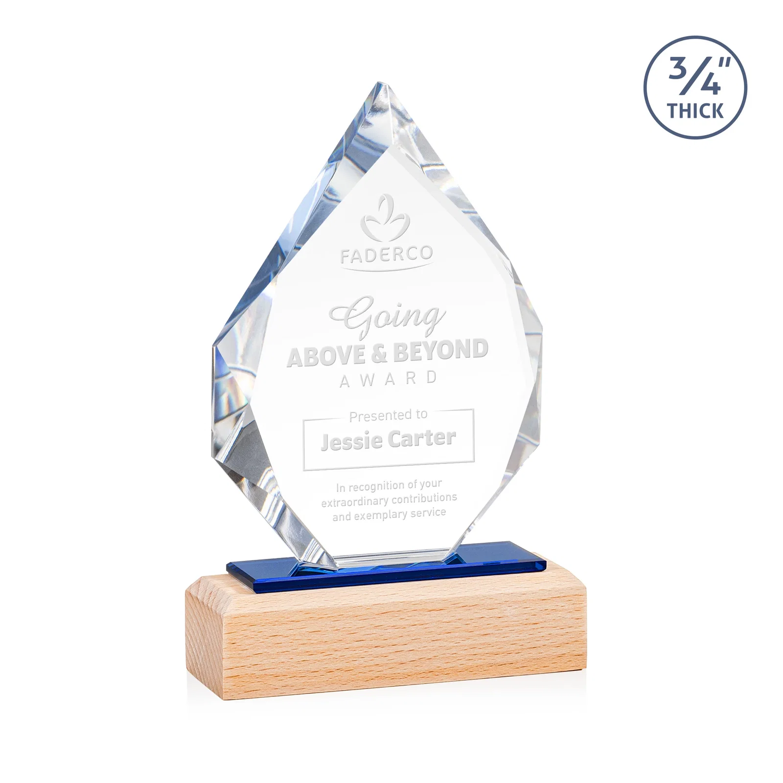 Custom Starfire Crystal Award on Beechwood Base with Sapphire Glass Inlay for corporate award ceremonies