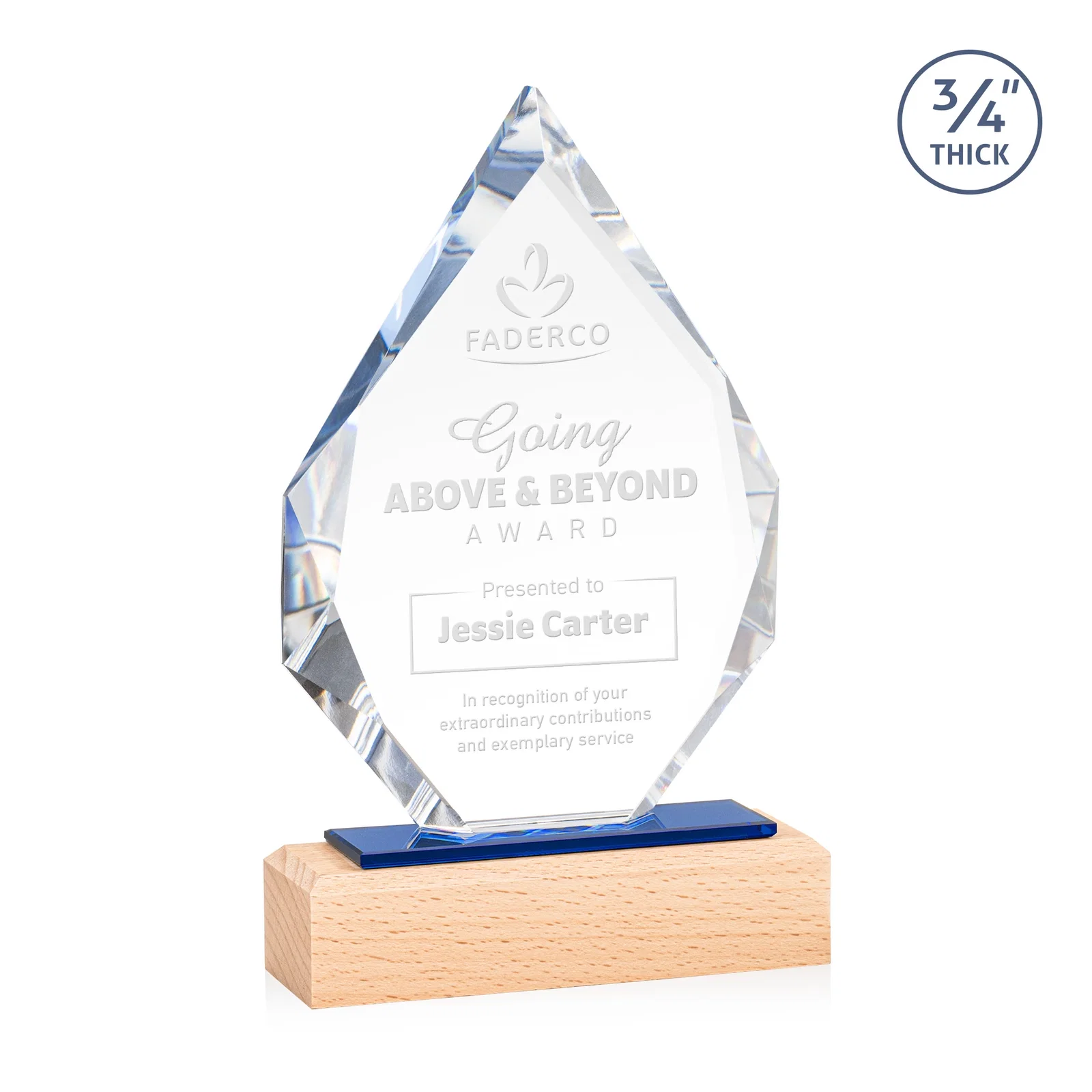 Custom Starfire Crystal Award on Beechwood Base with Sapphire Glass Inlay for service anniversary gifts