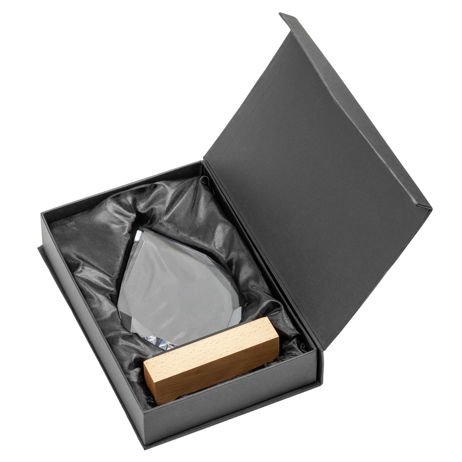 Custom Starfire Crystal Award on Beechwood Base with Sapphire Glass Inlay for retirement presentations