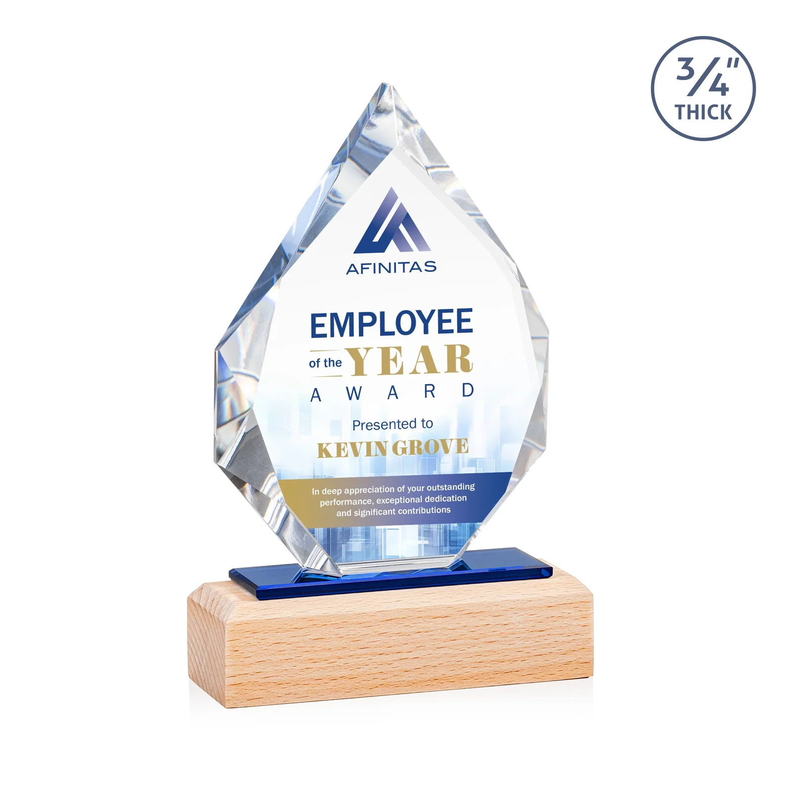 Custom Starfire Crystal Award on Beechwood Base with Sapphire Glass Inlay for donor appreciation