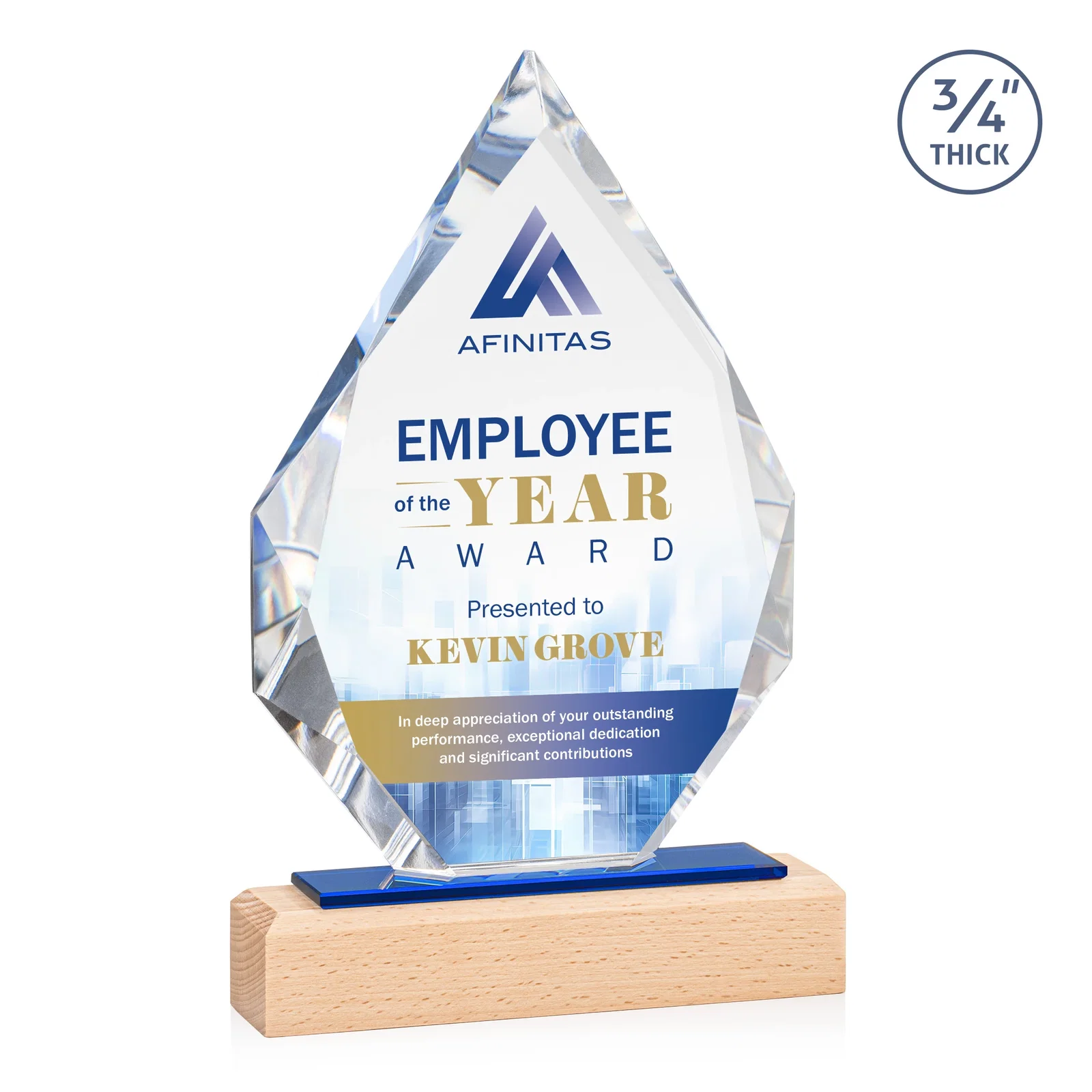 Custom Starfire Crystal Award on Beechwood Base with Sapphire Glass Inlay for safety achievement programs