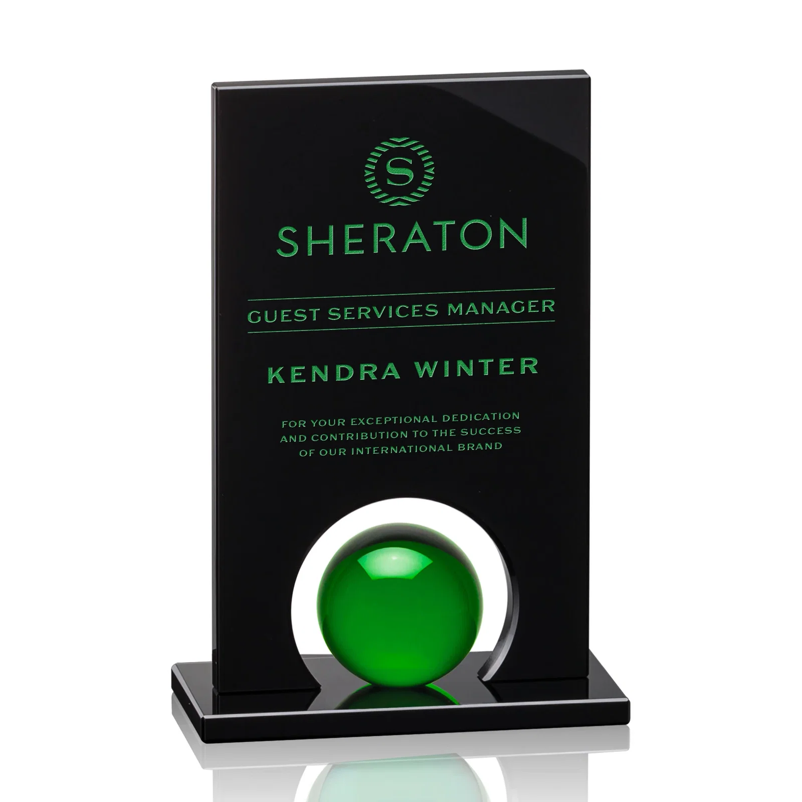Custom Crystal Orb Award Surrounded by Solid Black Crystal for retirement presentations
