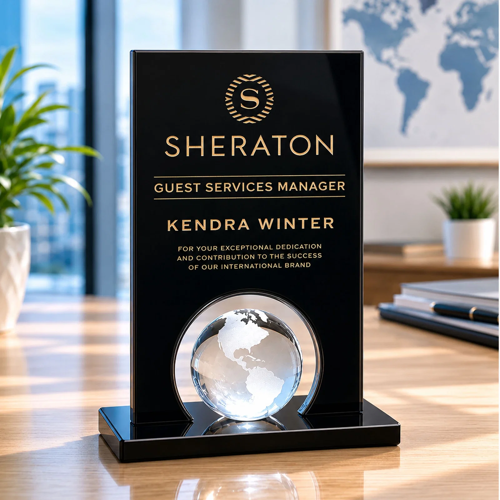 Custom Crystal Orb Award Surrounded by Solid Black Crystal for donor appreciation