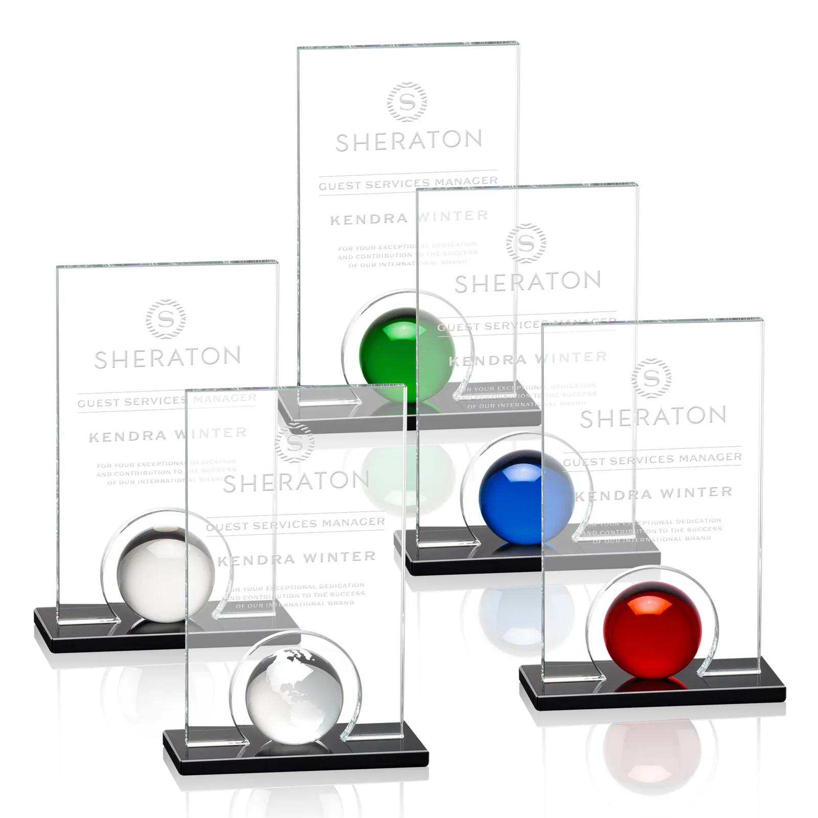 Custom Crystal Orb Award Surrounded by a Solid Starfire Crystal Block for employee recognition