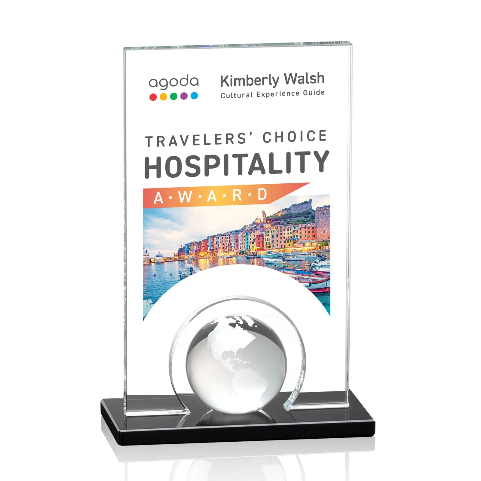 Custom Crystal Orb Award Surrounded by a Solid Starfire Crystal Block for dealer and partner awards
