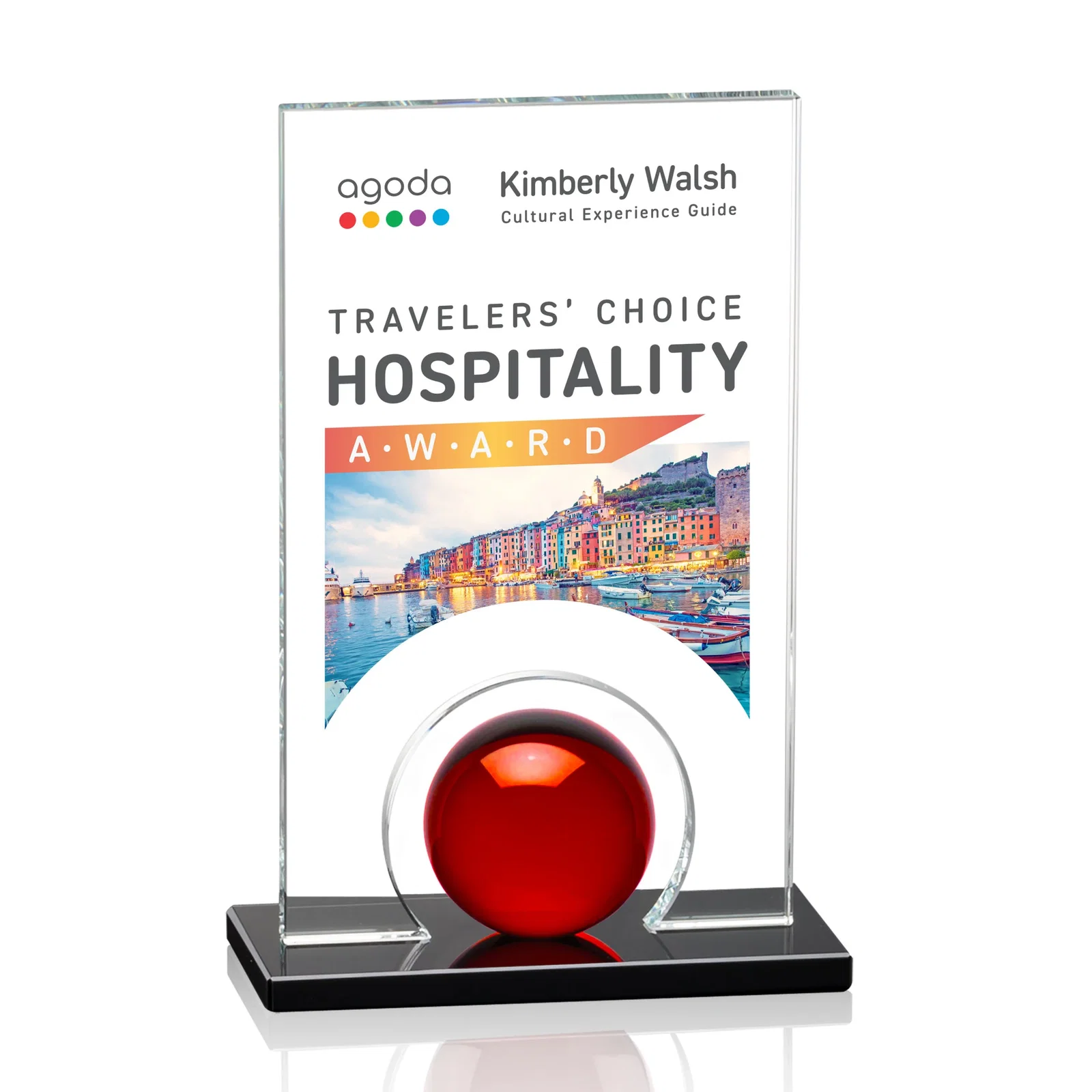 Personalized Crystal Orb Award Surrounded by a Solid Starfire Crystal Block for employee recognition