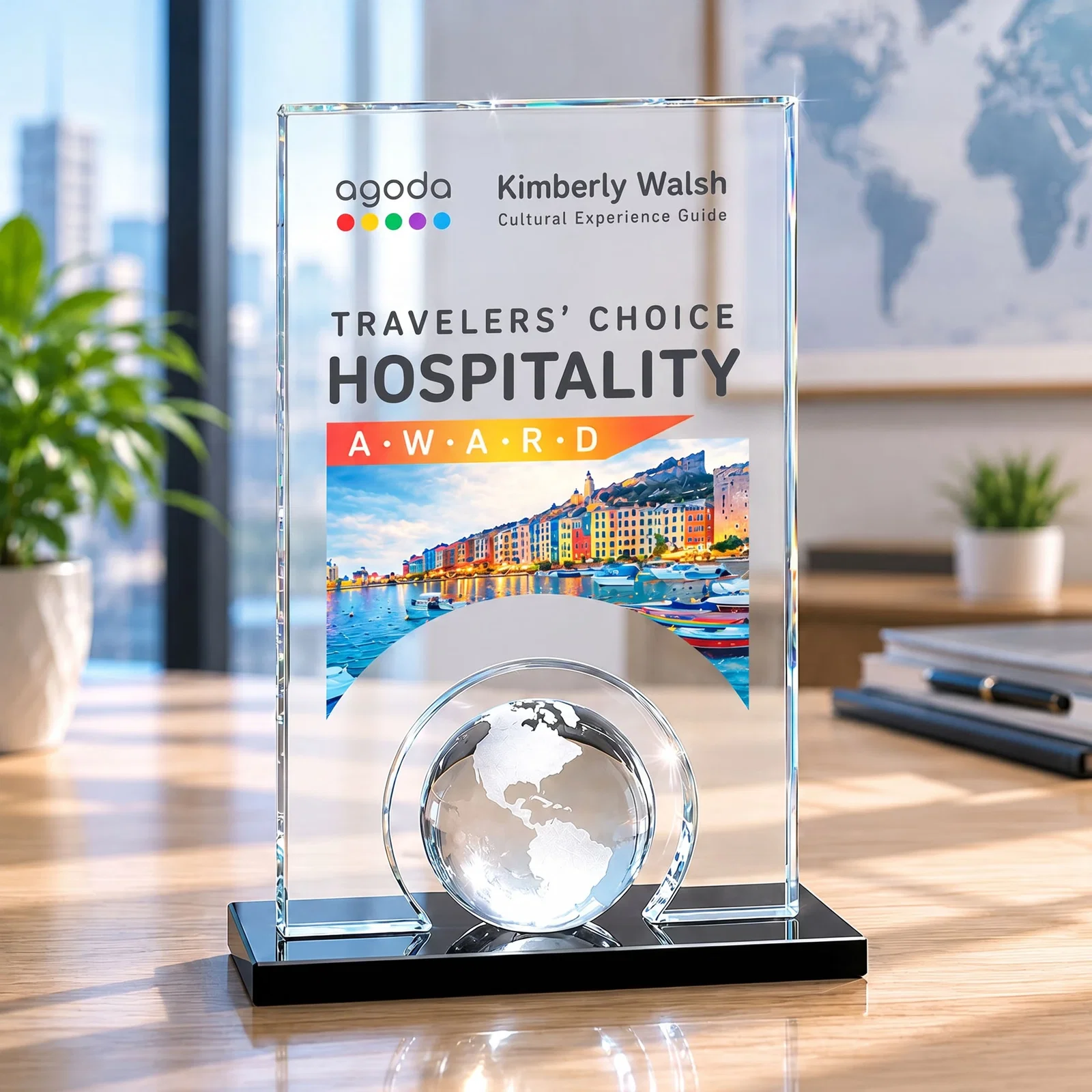 Personalized Crystal Orb Award Surrounded by a Solid Starfire Crystal Block for corporate award ceremonies