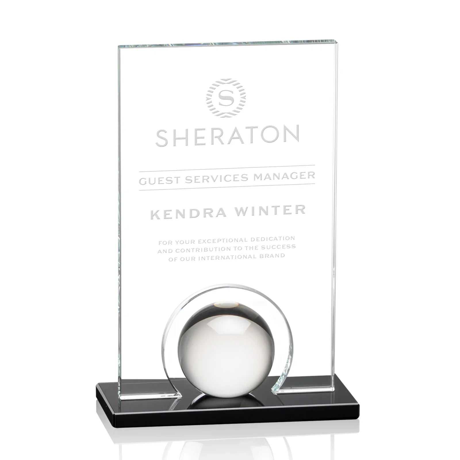 Custom Crystal Orb Award Surrounded by a Solid Starfire Crystal Block for corporate award ceremonies