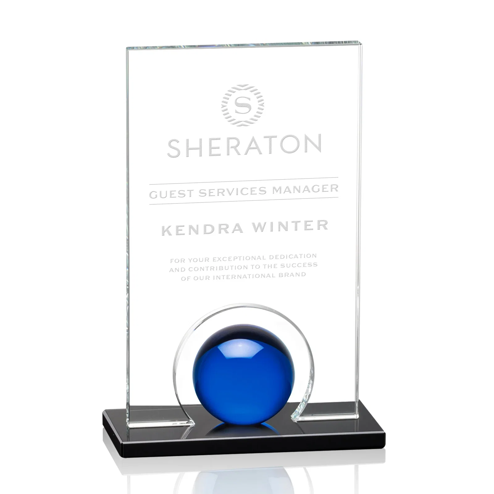 Custom Crystal Orb Award Surrounded by a Solid Starfire Crystal Block for service anniversary gifts