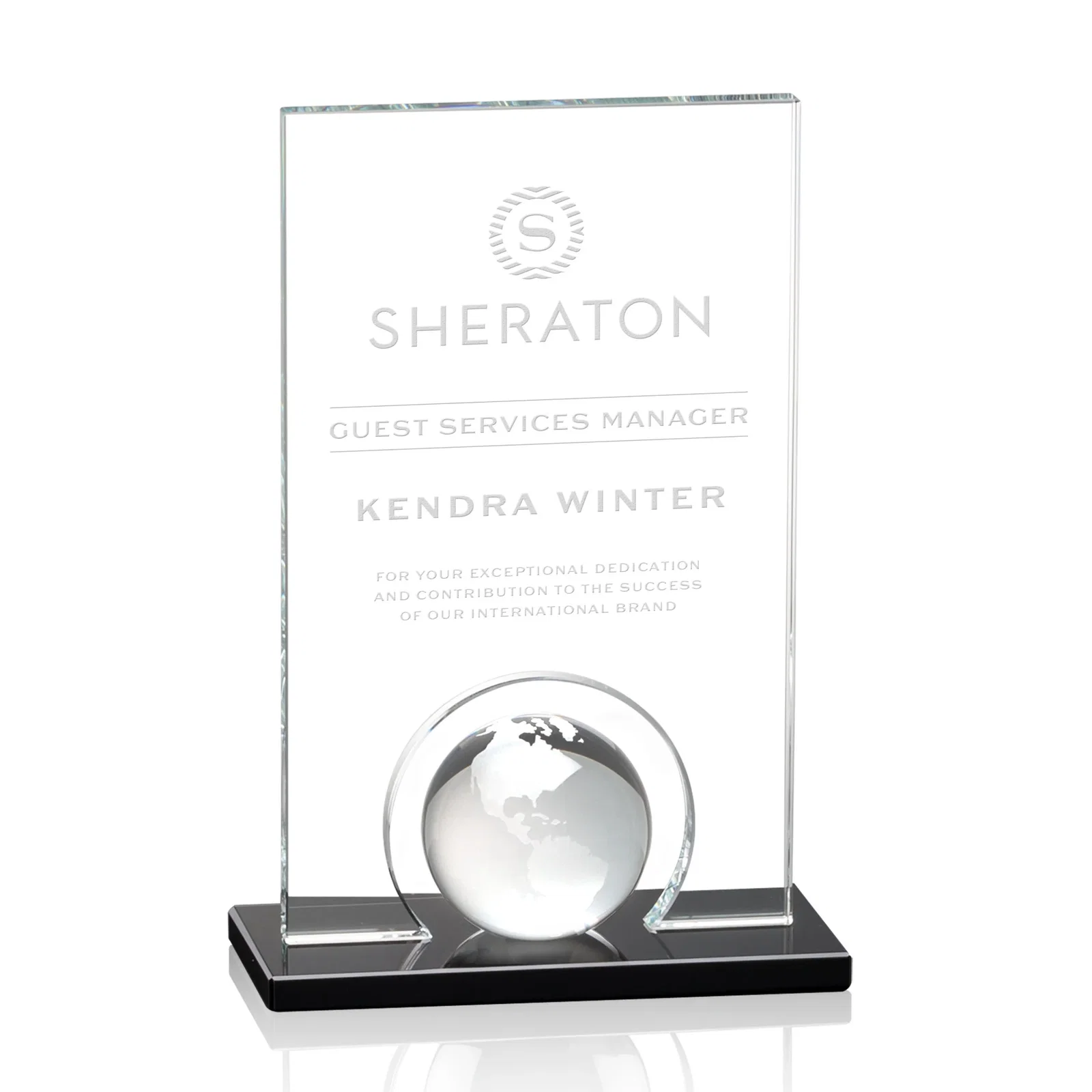 Custom Crystal Orb Award Surrounded by a Solid Starfire Crystal Block for sales achievement awards