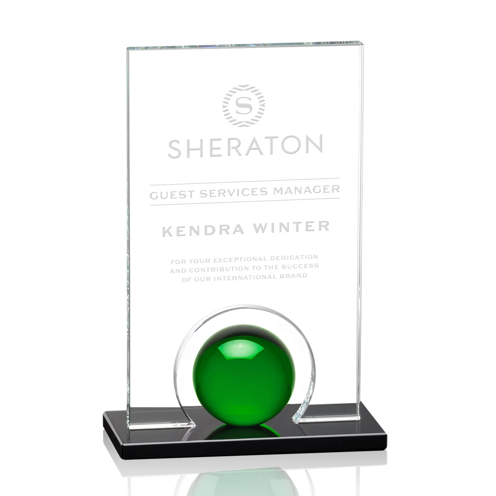 Custom Crystal Orb Award Surrounded by a Solid Starfire Crystal Block for retirement presentations