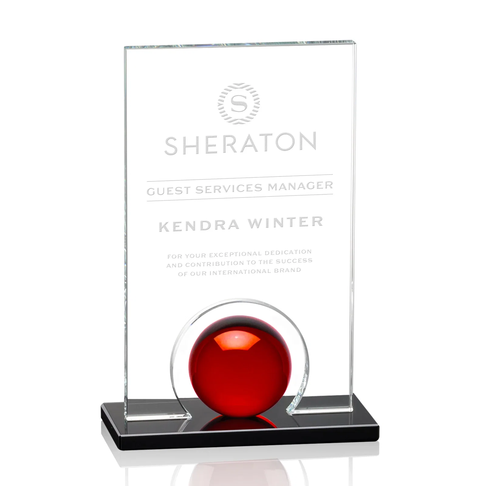 Custom Crystal Orb Award Surrounded by a Solid Starfire Crystal Block for team milestone celebrations
