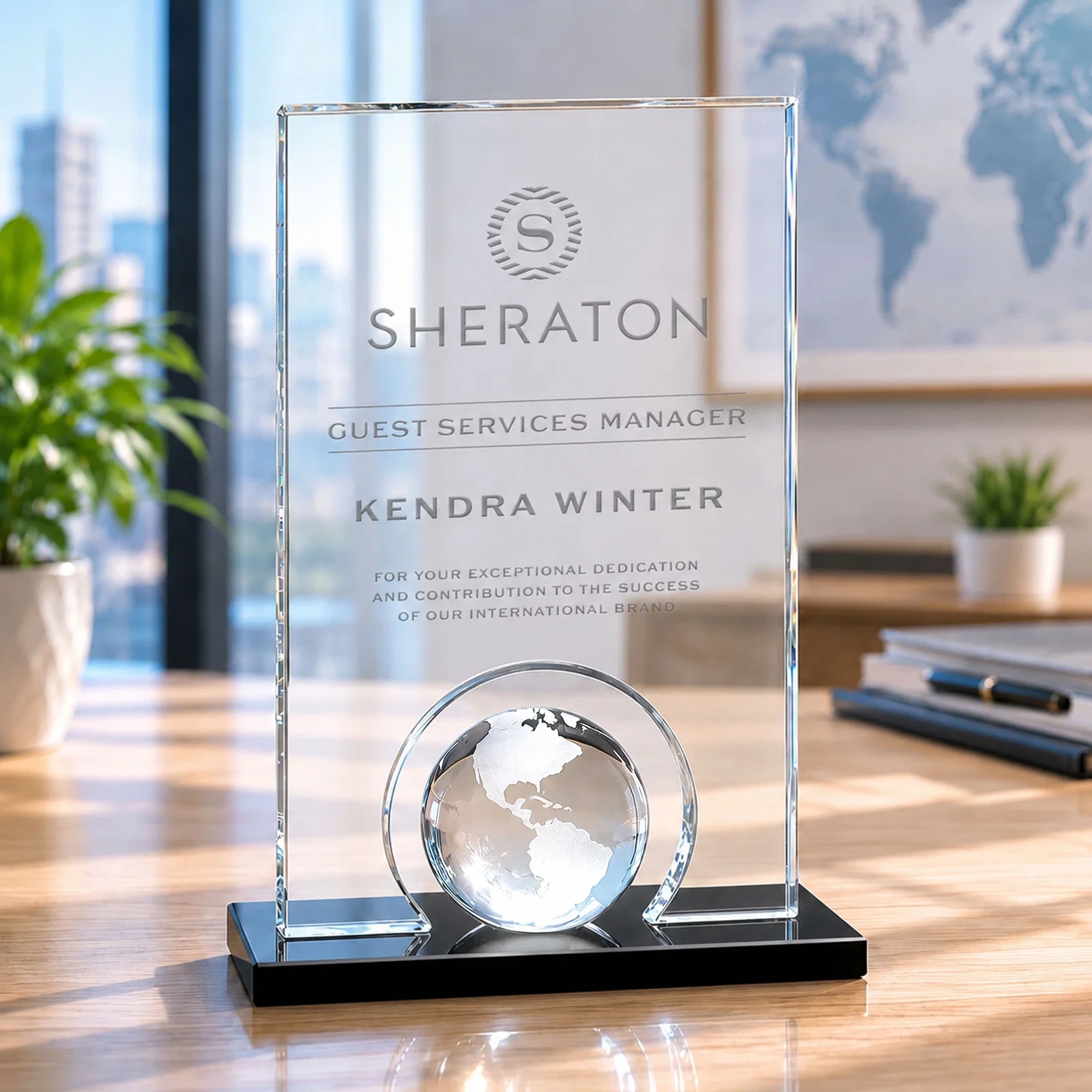 Custom Crystal Orb Award Surrounded by a Solid Starfire Crystal Block for donor appreciation