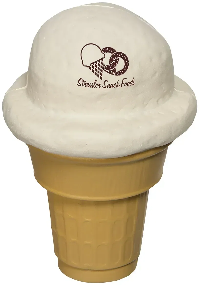 Custom Ice Cream Cone Stress Reliever shaped like an ice cream cone, molded foam with promotional logo