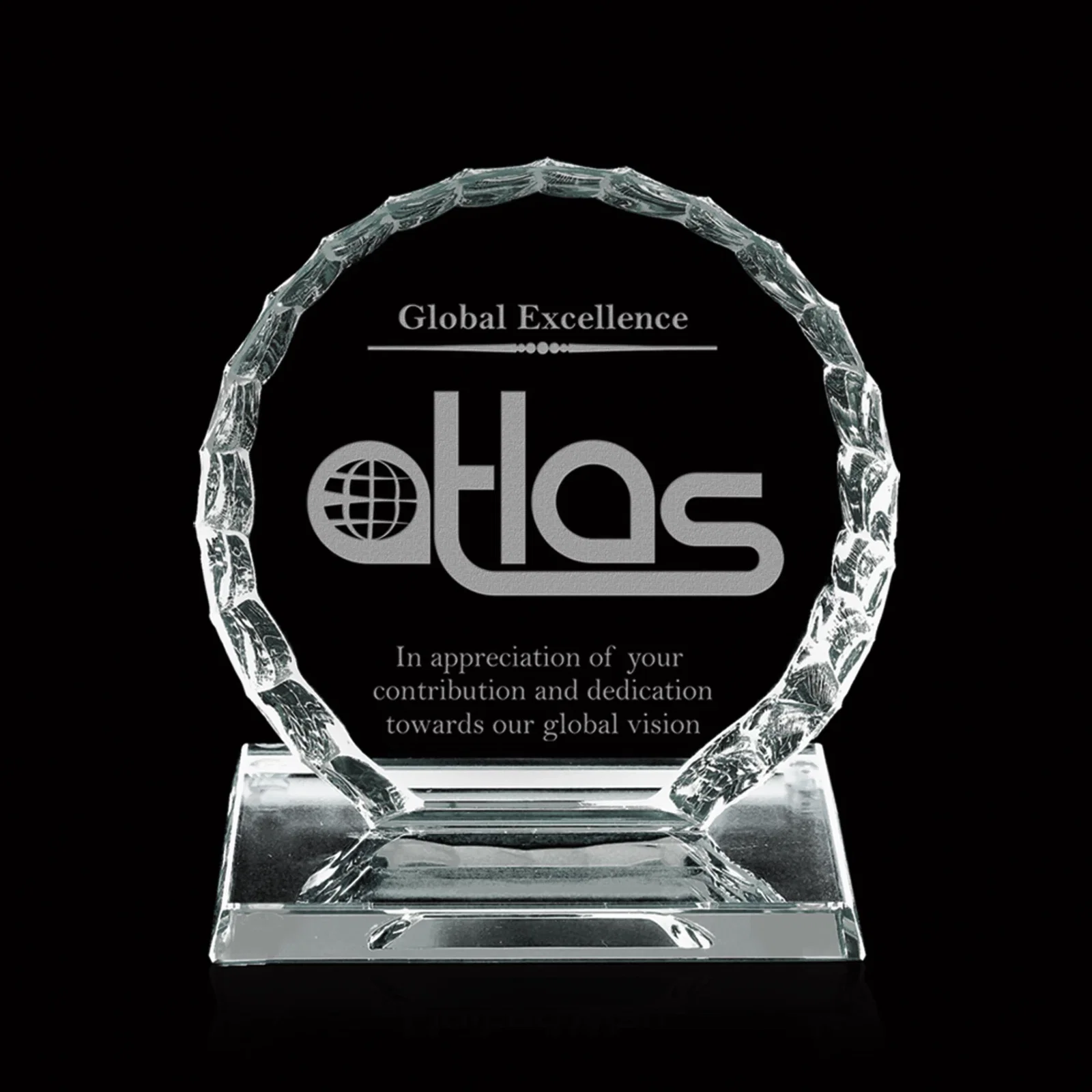 Custom Starfire Crystal Iceberg Circle Award in Two Pane Thicknesses, awards for employee recognition
