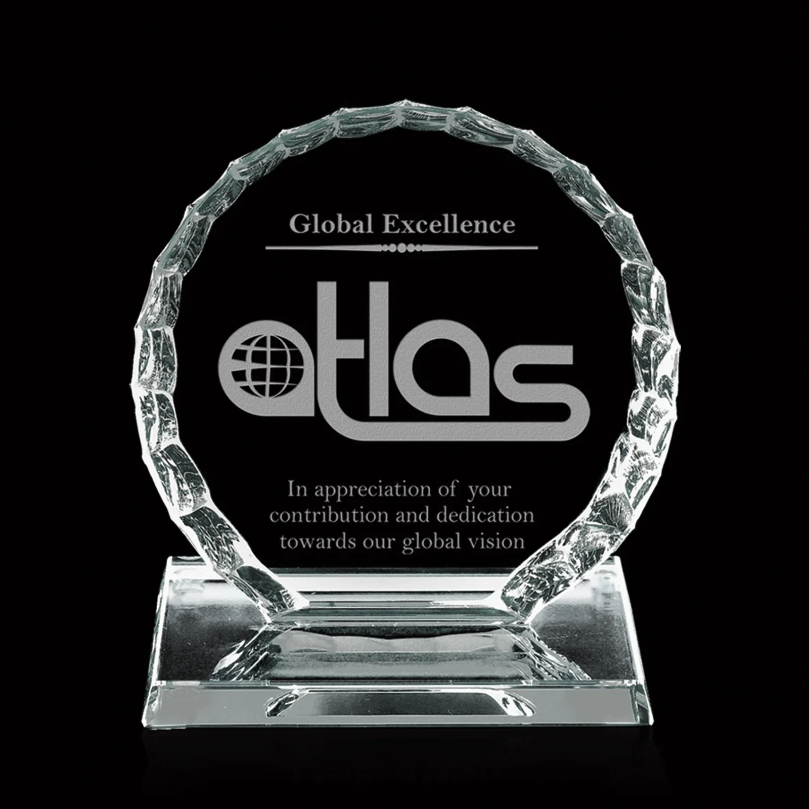 Custom Starfire Crystal Iceberg Circle Award in Two Pane Thicknesses, awards for corporate award ceremonies