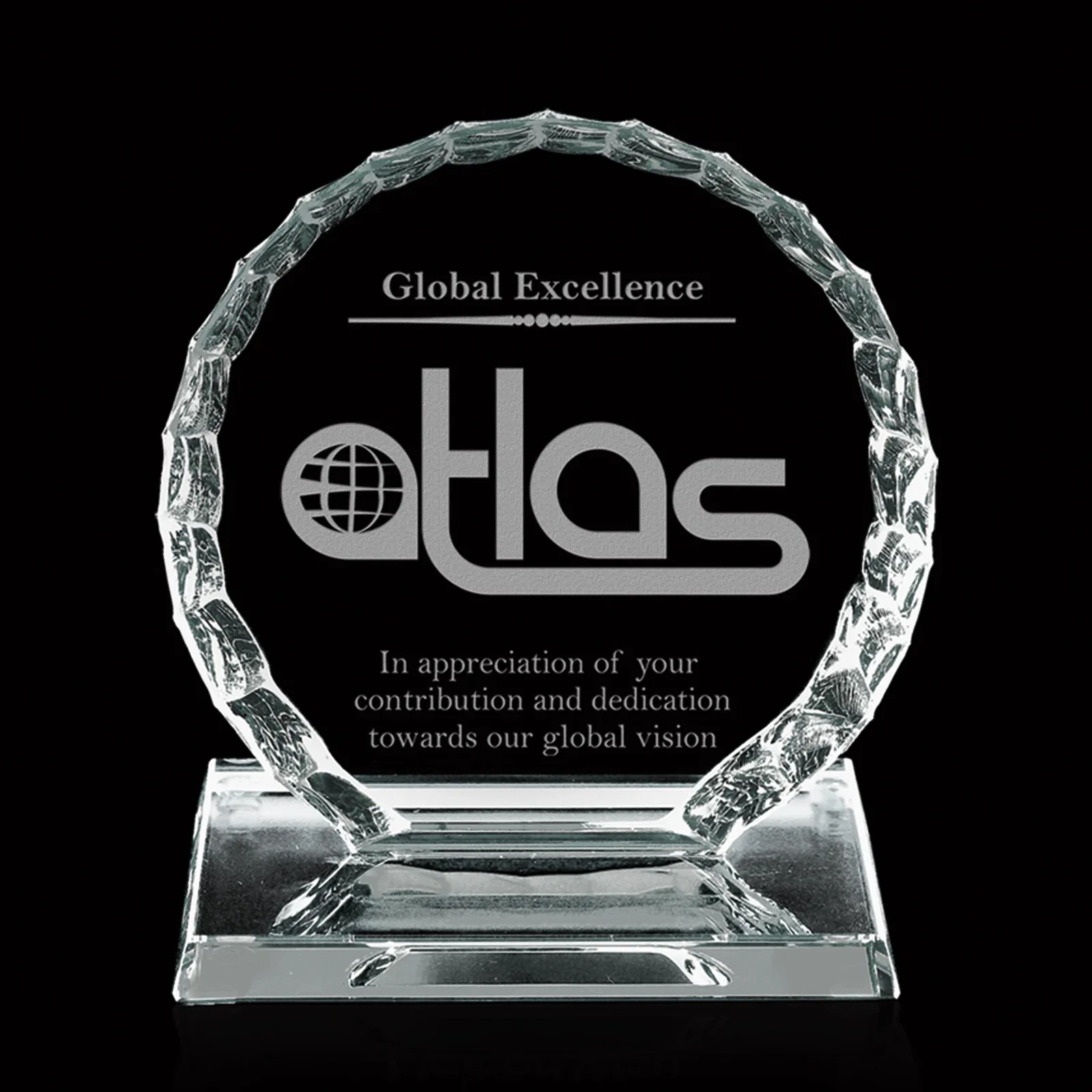 Custom Starfire Crystal Iceberg Circle Award in Two Pane Thicknesses, awards for service anniversary gifts