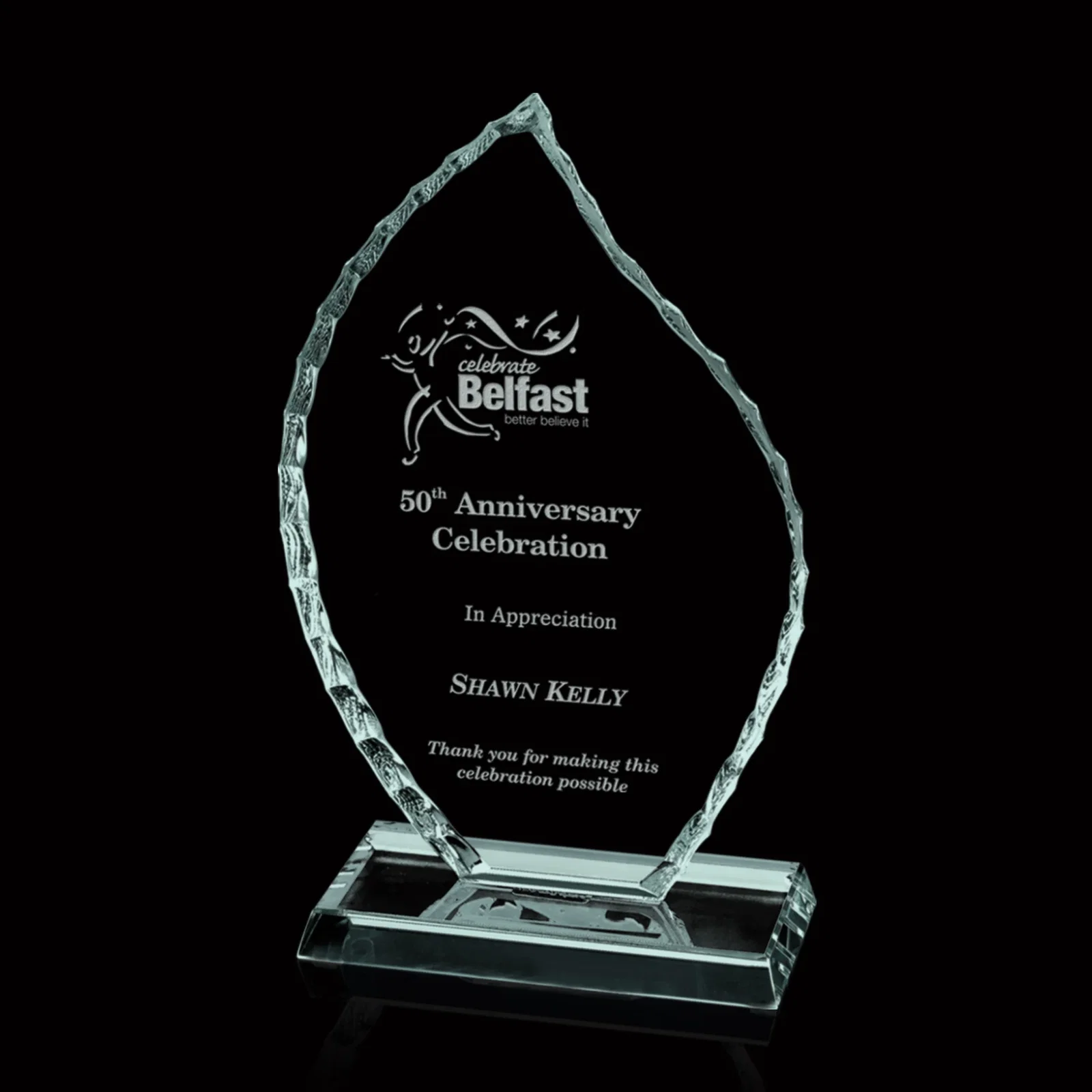 Custom Jade Glass Iceberg Flame Award With A Hand-Chipped Edge for employee recognition