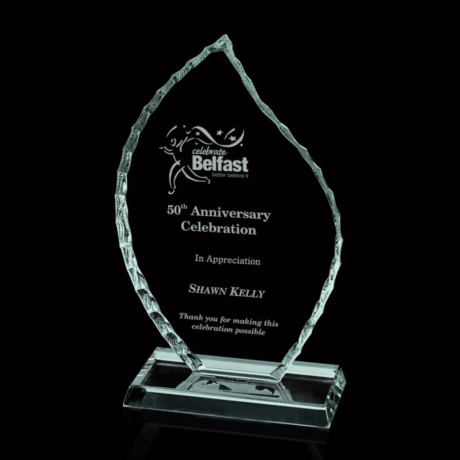 Custom Jade Glass Iceberg Flame Award With A Hand-Chipped Edge for corporate award ceremonies