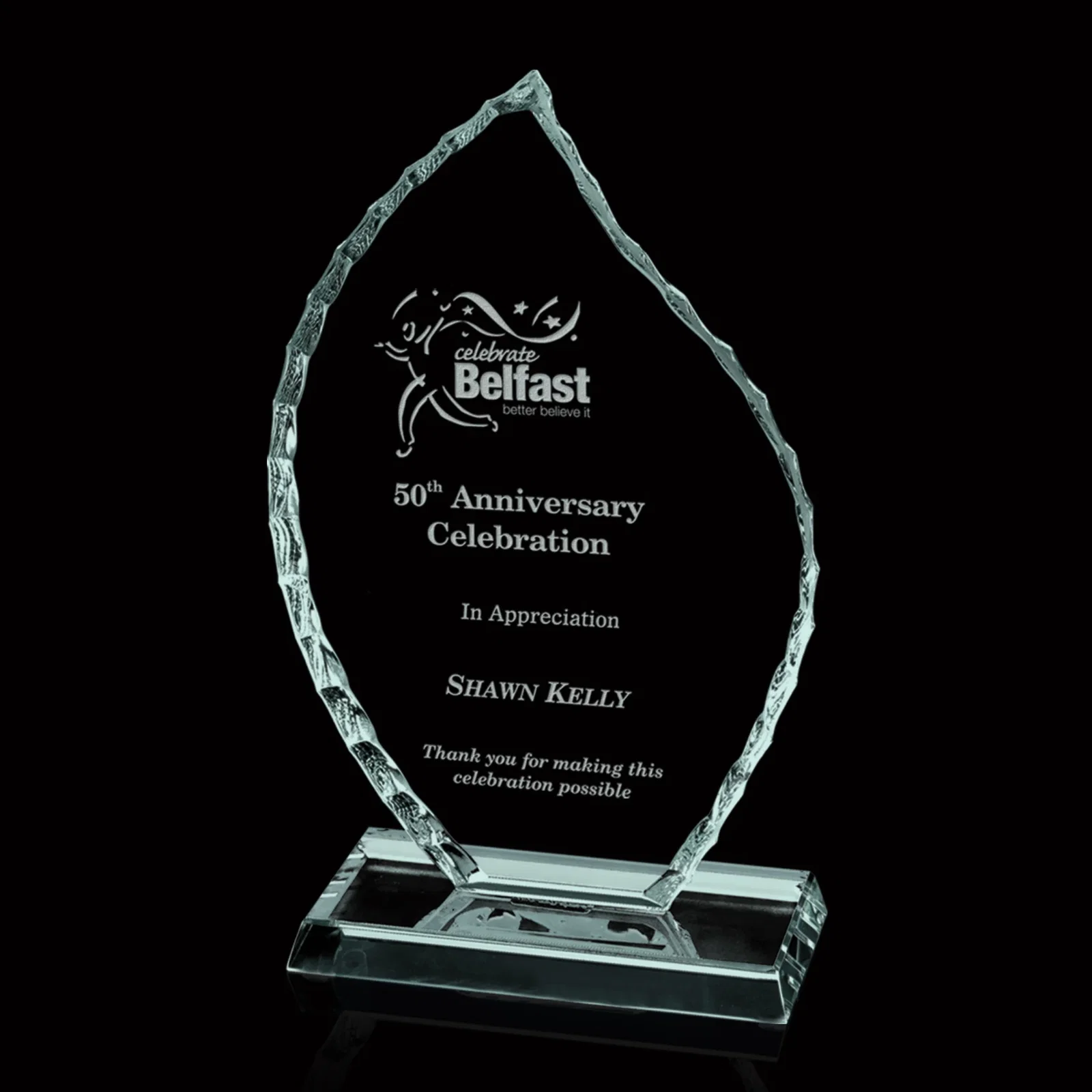 Custom Jade Glass Iceberg Flame Award With A Hand-Chipped Edge for service anniversary gifts