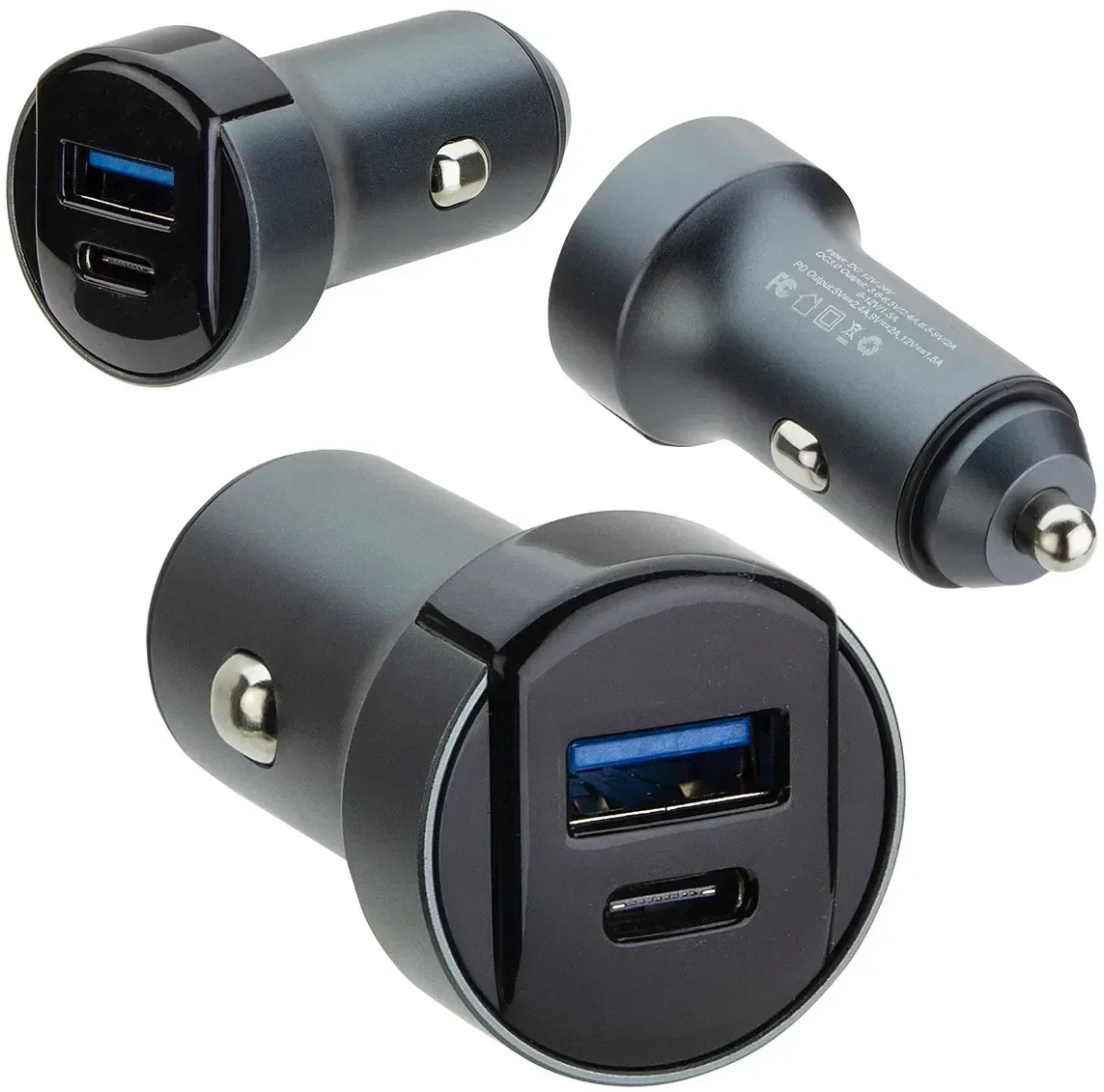 ihub PowerDrive branded car charger, close-up of two ports and logo imprint area