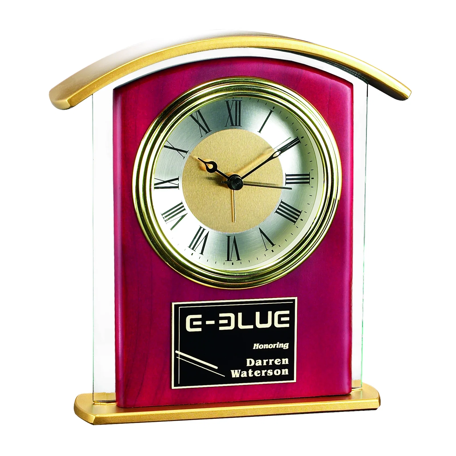 Custom Rosewood Desk Clock With Clear, Gold or Rosewood Finish Options for employee recognition