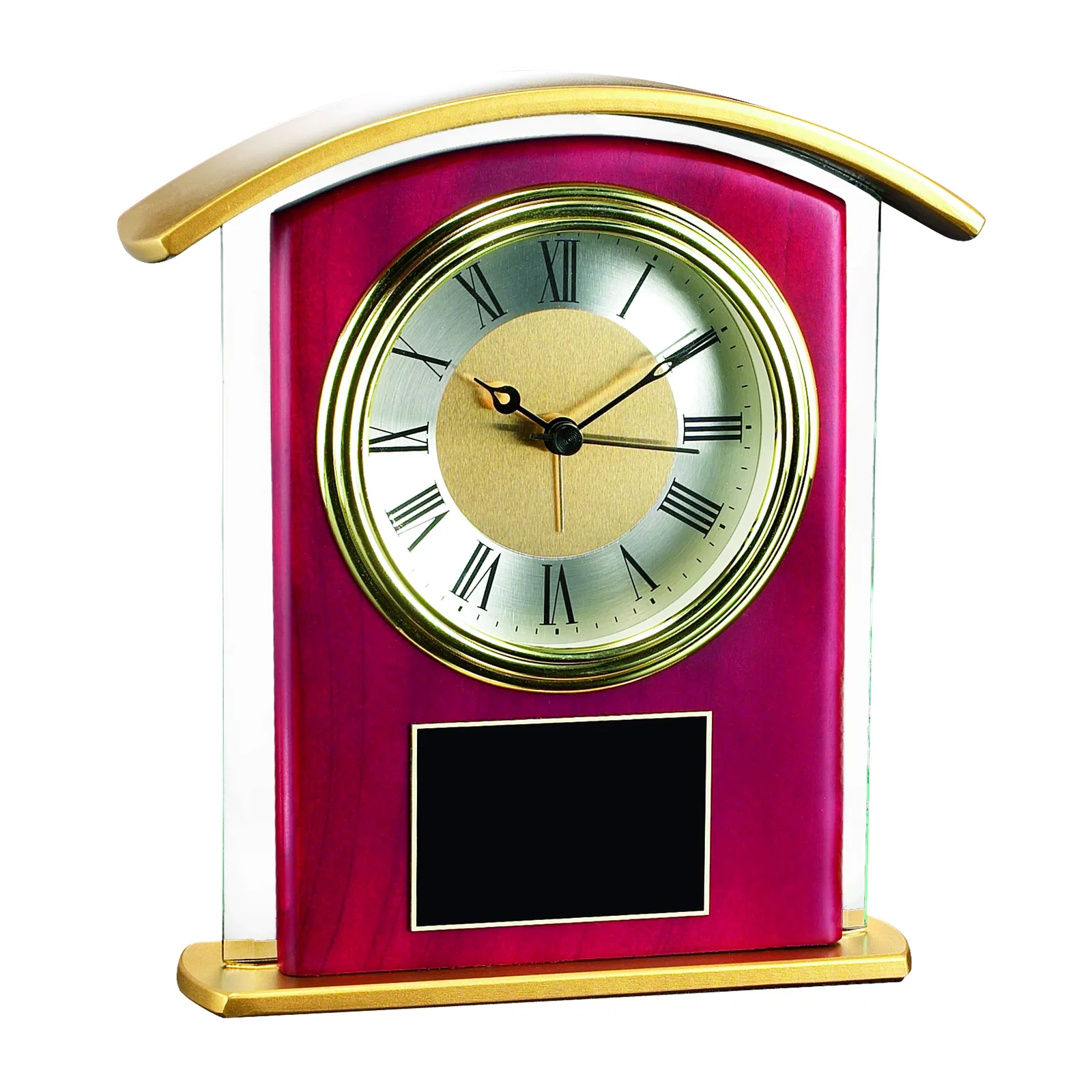 Custom Rosewood Desk Clock With Clear, Gold or Rosewood Finish Options for corporate award ceremonies
