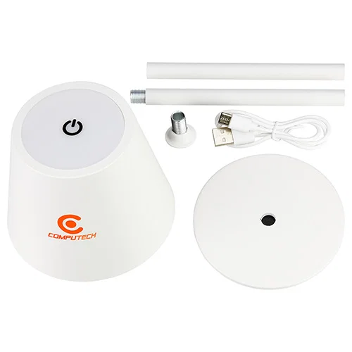Promotional Illume desk lamp lit on a desk, side profile of custom branded touch-control light