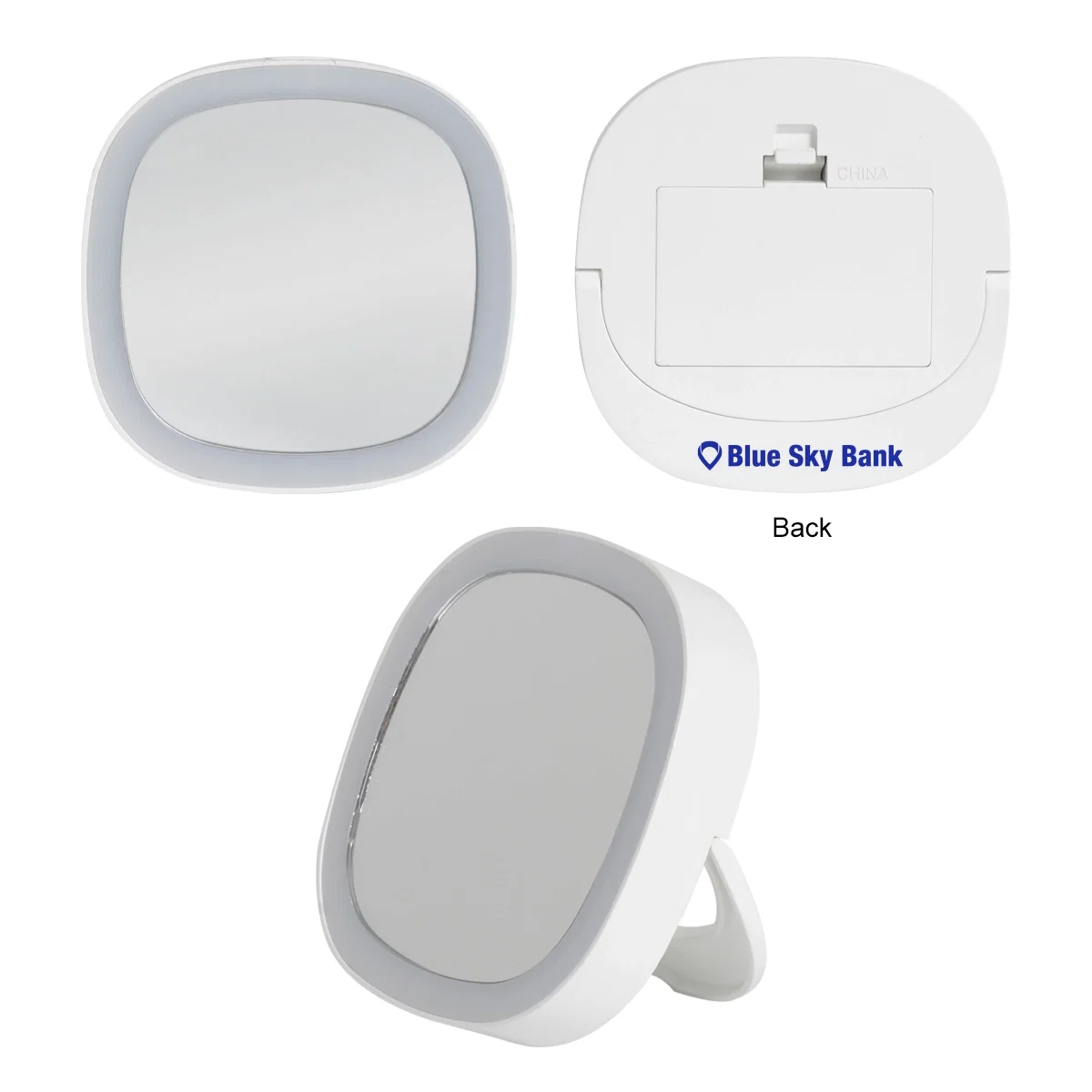 White compact mirror with a light ring and fold out stand