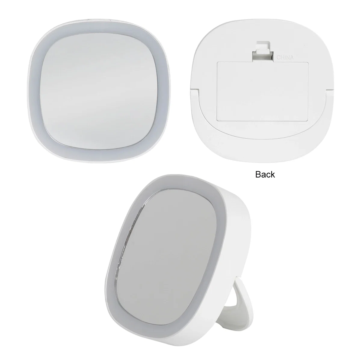 Reflective face propped upright on the stand for hands free use