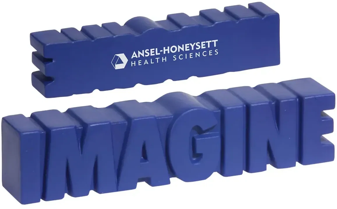 Custom Imagine Word Stress Reliever, promotional foam squeeze toy spelling Imagine with logo imprint