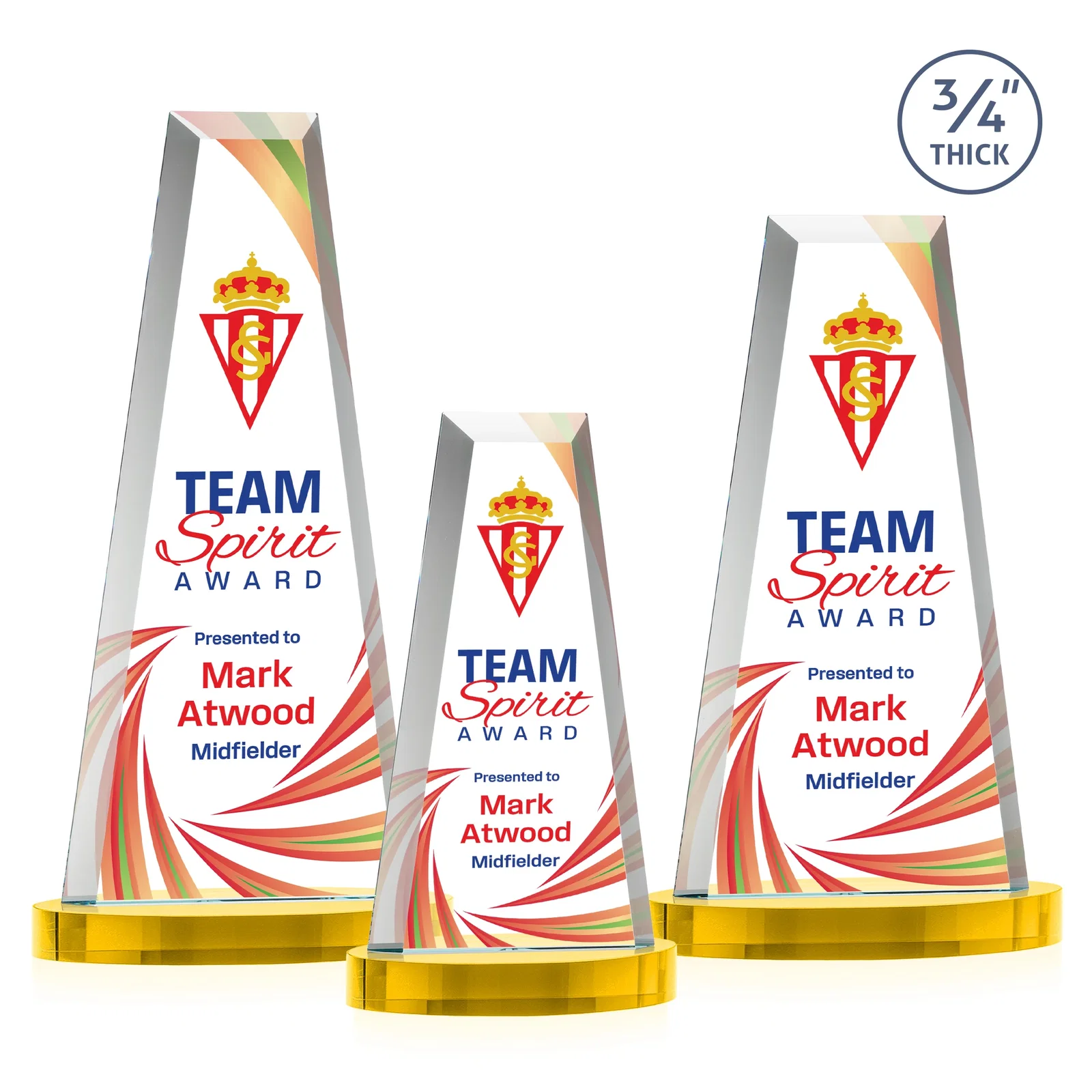 Custom printed Starfire Crystal Tower Award on Alberton Base for retirement presentations