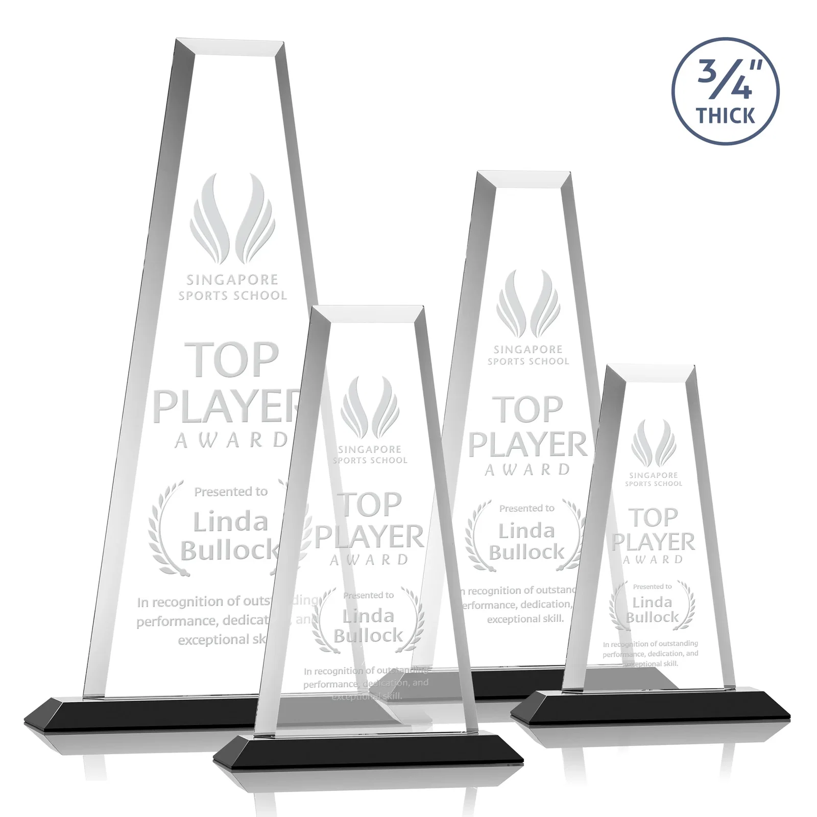 Personalized Starfire Crystal Tower Award on Standard Base, Ten Colors for sales achievement awards
