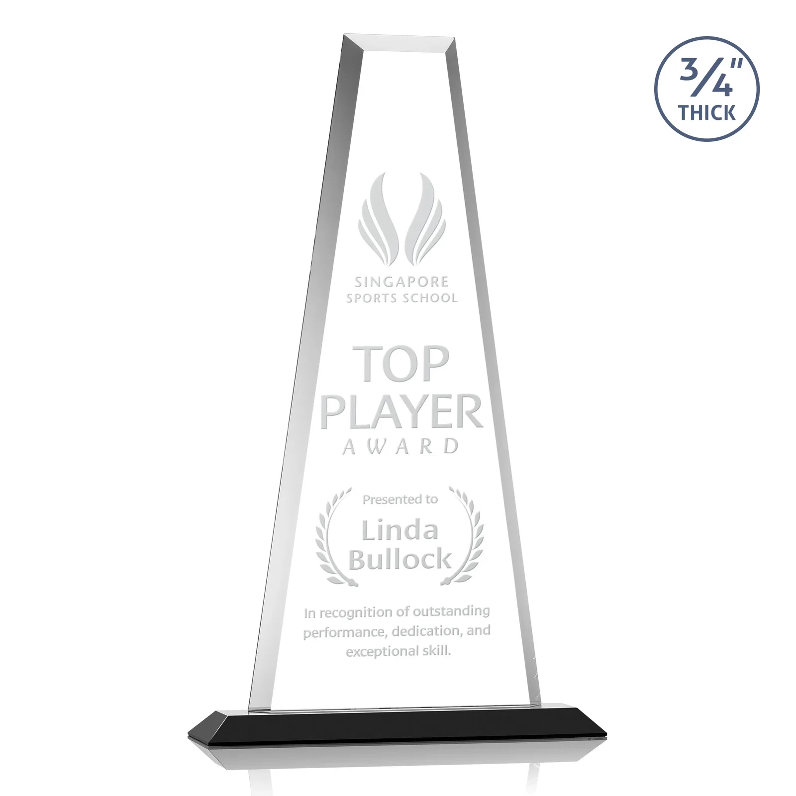 Personalized Starfire Crystal Tower Award on Standard Base, Ten Colors for graduation ceremonies