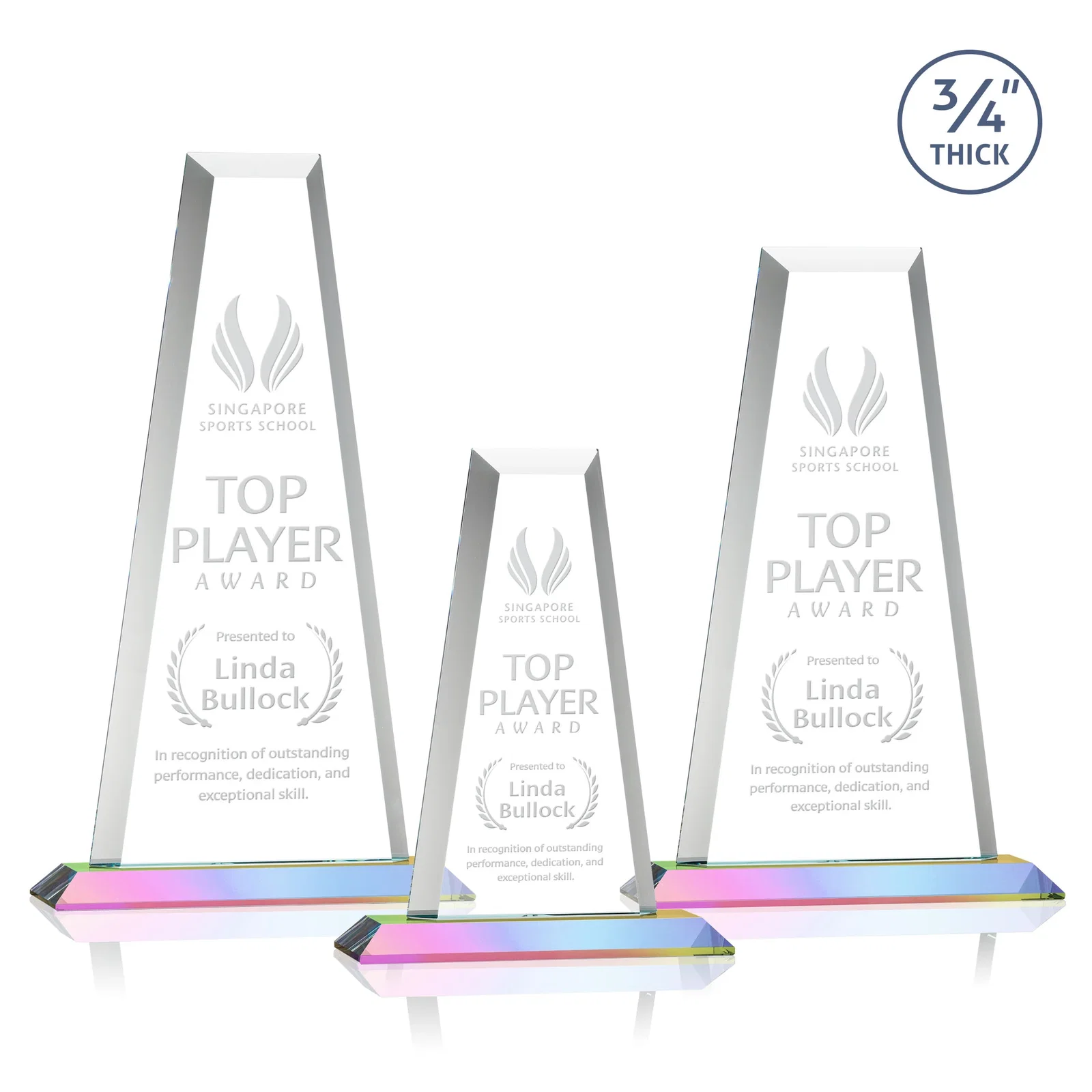 Branded Starfire Crystal Tower Award on Standard Base, Ten Colors for retirement presentations