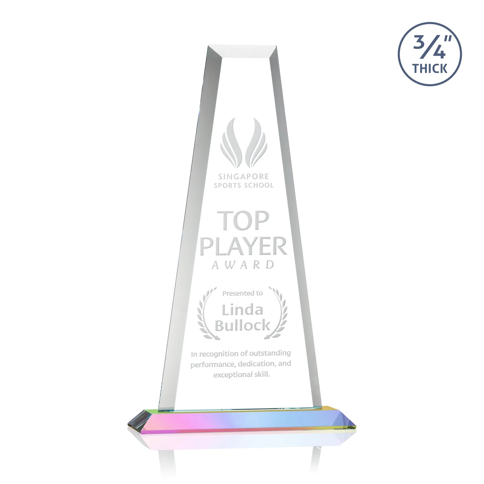 Branded Starfire Crystal Tower Award on Standard Base, Ten Colors for graduation ceremonies