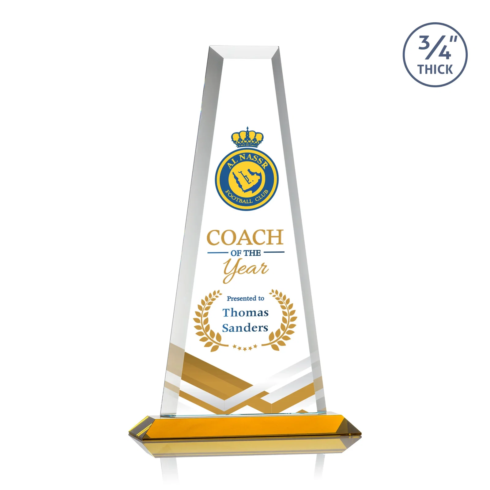 Custom printed Starfire Crystal Tower Award on Standard Base, Ten Colors for retirement presentations