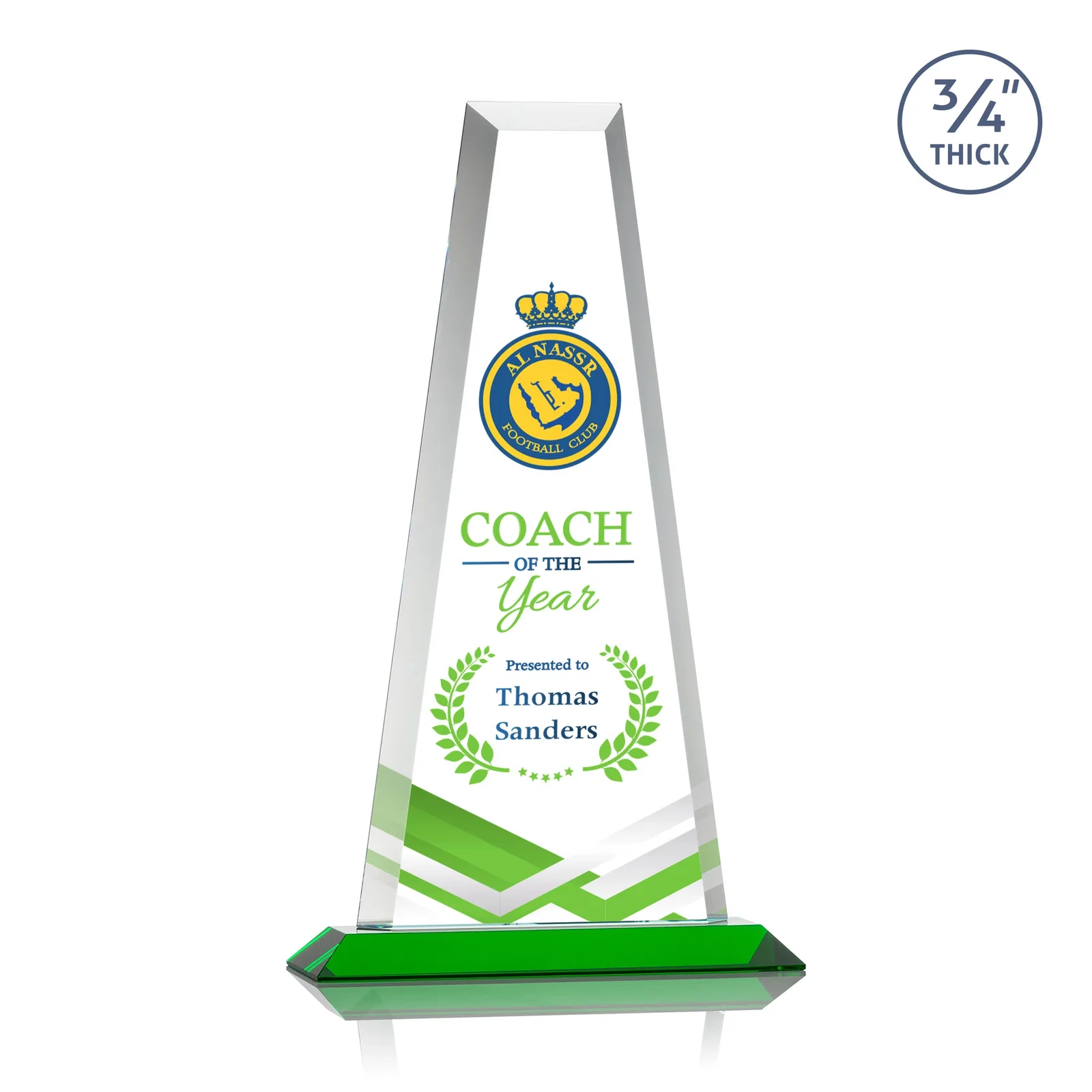 Custom printed Starfire Crystal Tower Award on Standard Base, Ten Colors for volunteer appreciation