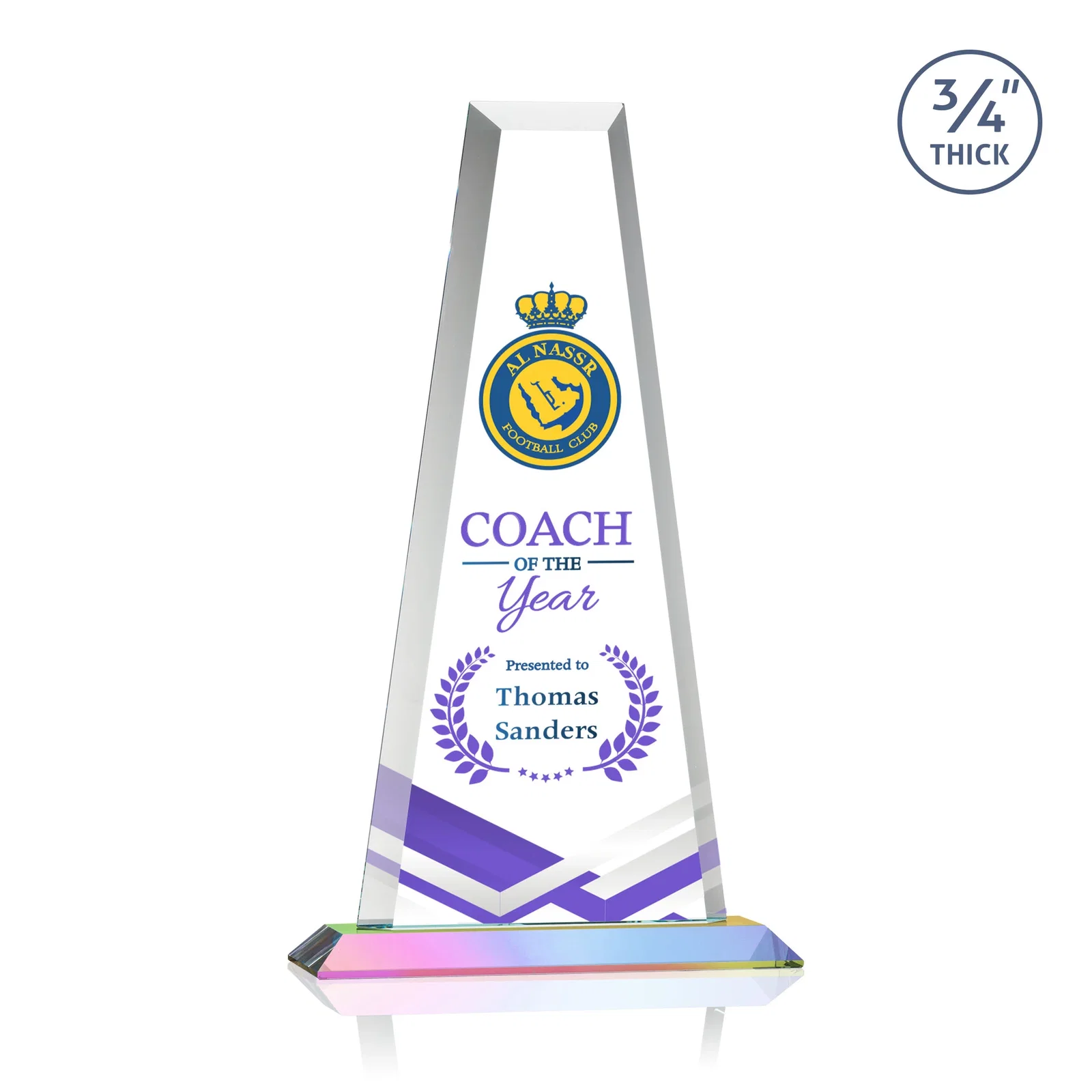 Custom engraved Starfire Crystal Tower Award on Standard Base, Ten Colors for employee recognition