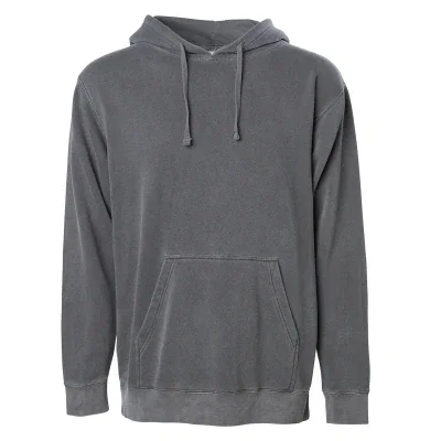 Pigment dyed hooded sweatshirt shown flat in a midweight fabric