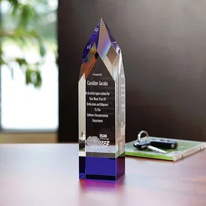 10 Inch Indigo Peak Faceted Glass Tower Award, Etched Imprint