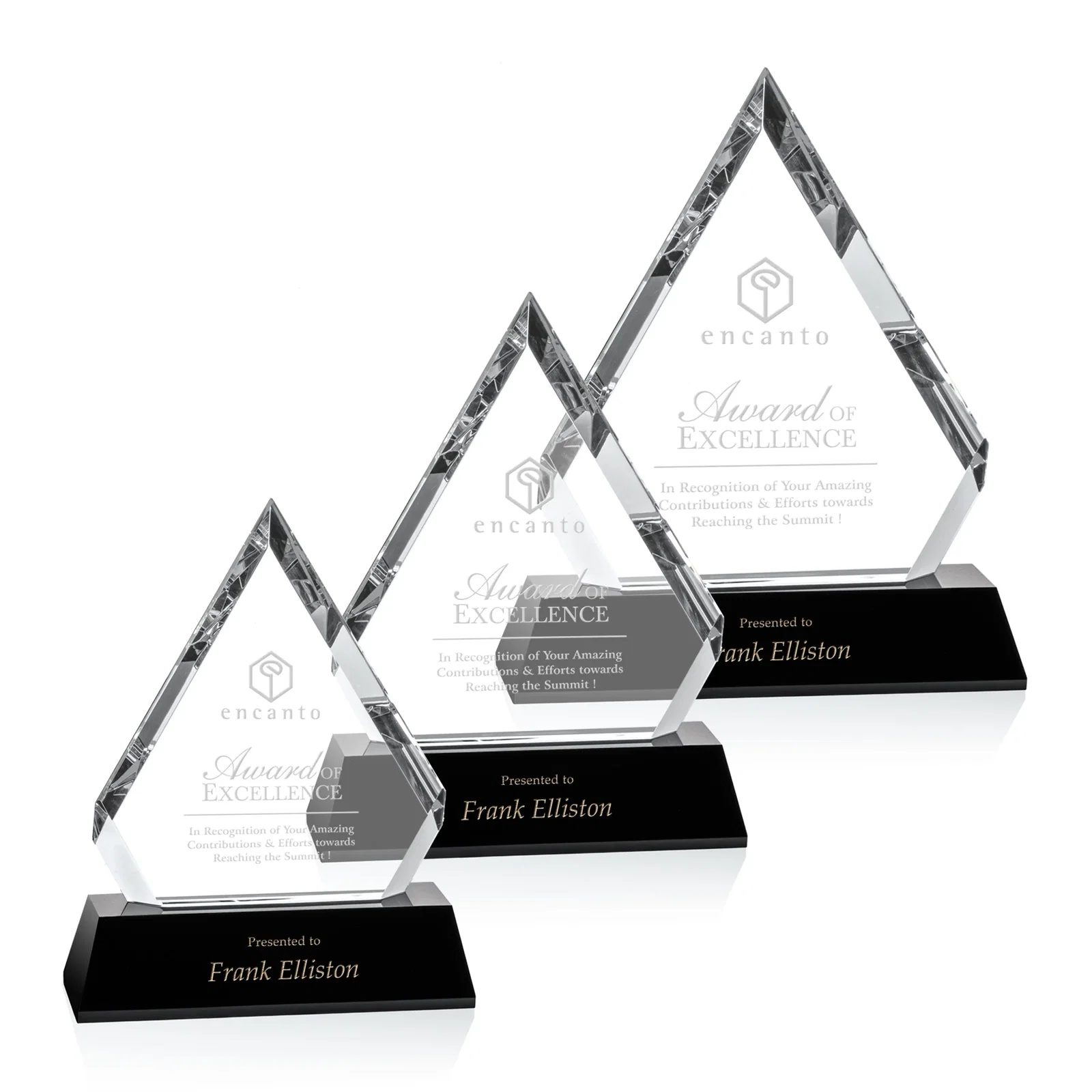 Custom Hand-Faceted Optical Crystal Pyramid Award on a Black Base for employee recognition