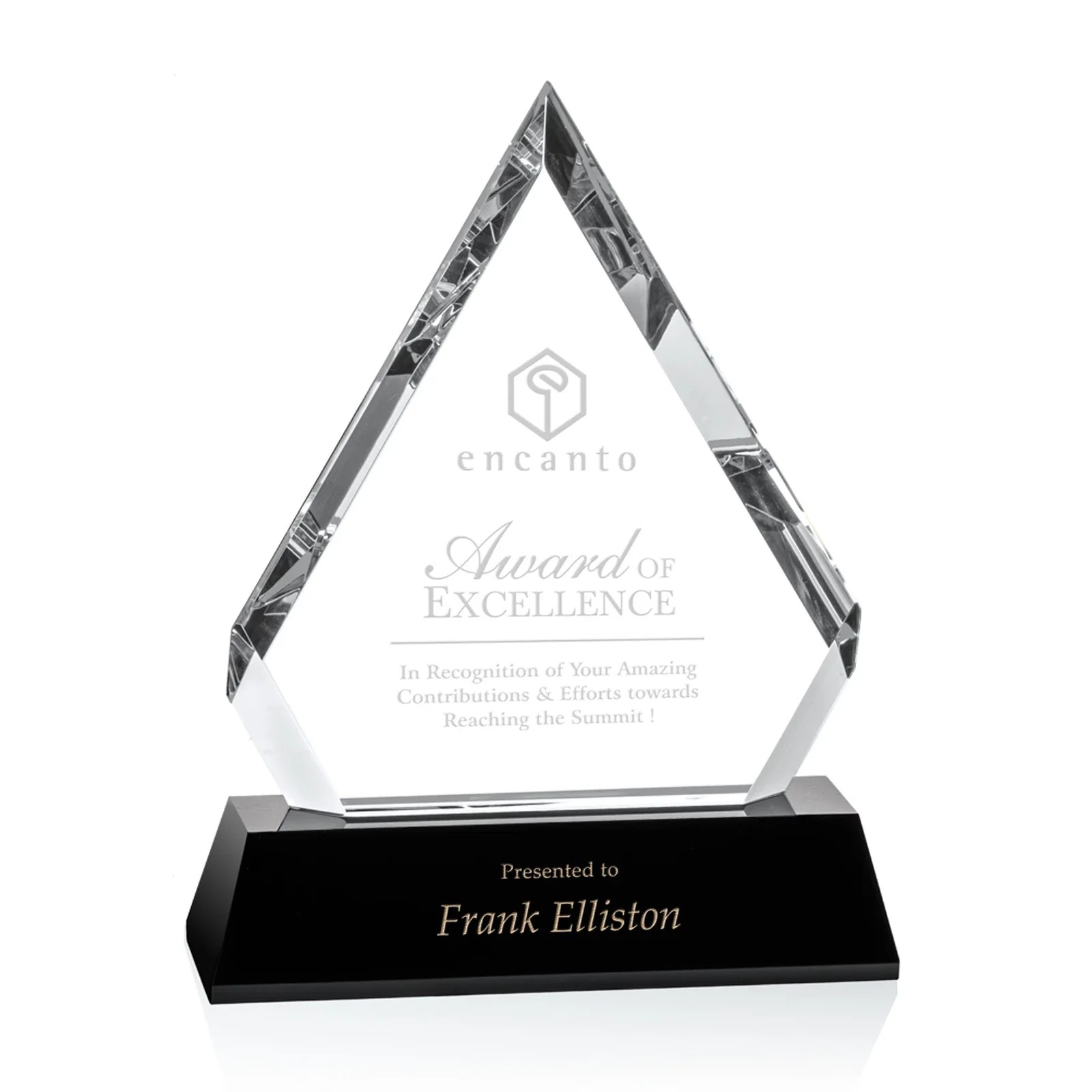 Custom Hand-Faceted Optical Crystal Pyramid Award on a Black Base for service anniversary gifts