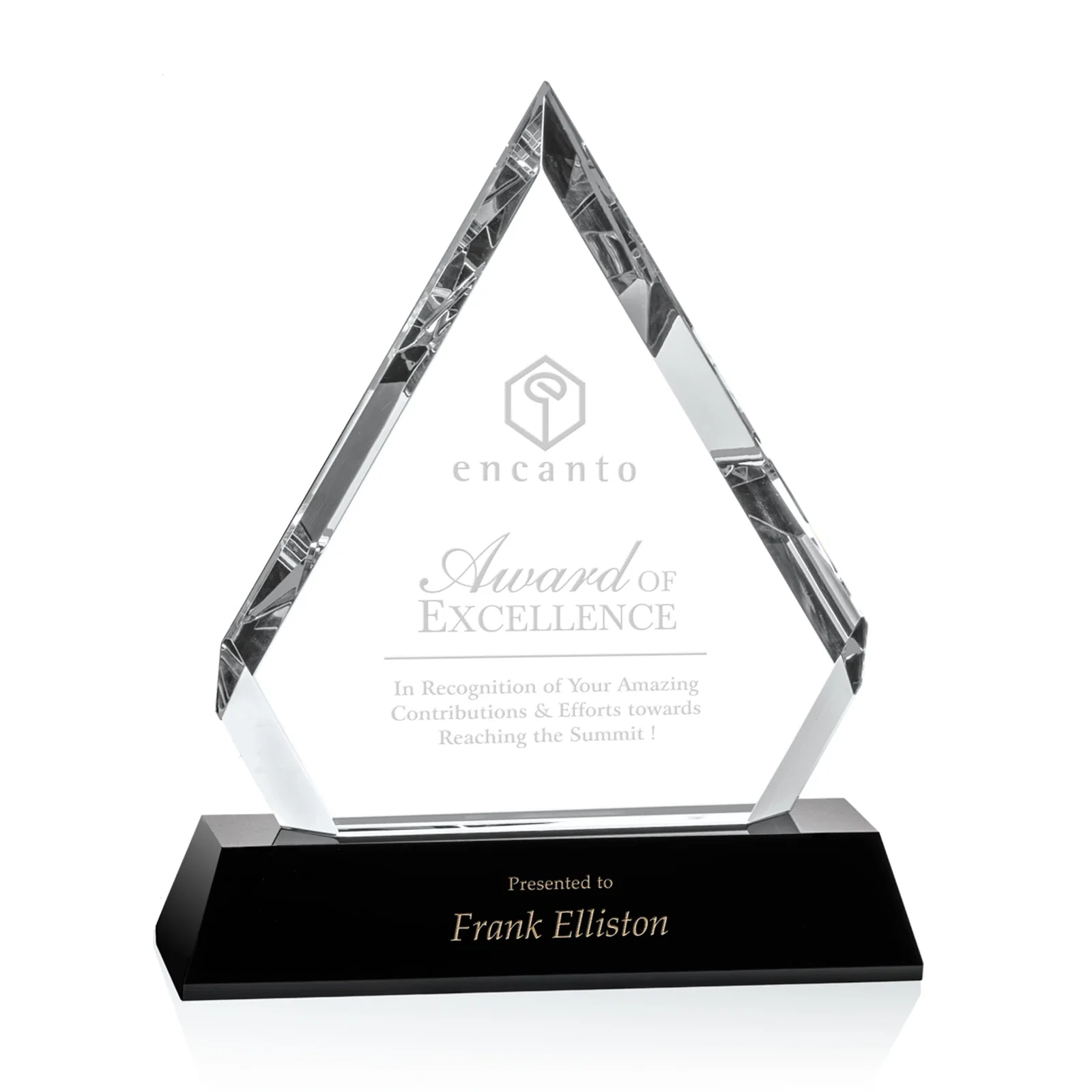 Custom Hand-Faceted Optical Crystal Pyramid Award on a Black Base for sales achievement awards
