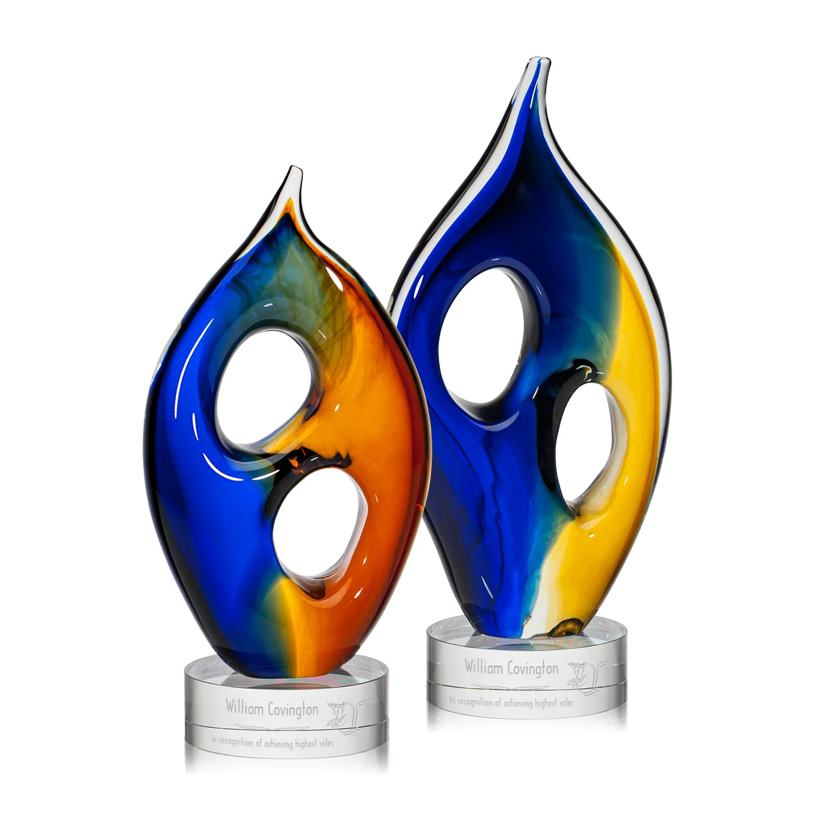 Custom Amber and Blue Art Glass Award, a Two-Tone Glass Blend for employee recognition