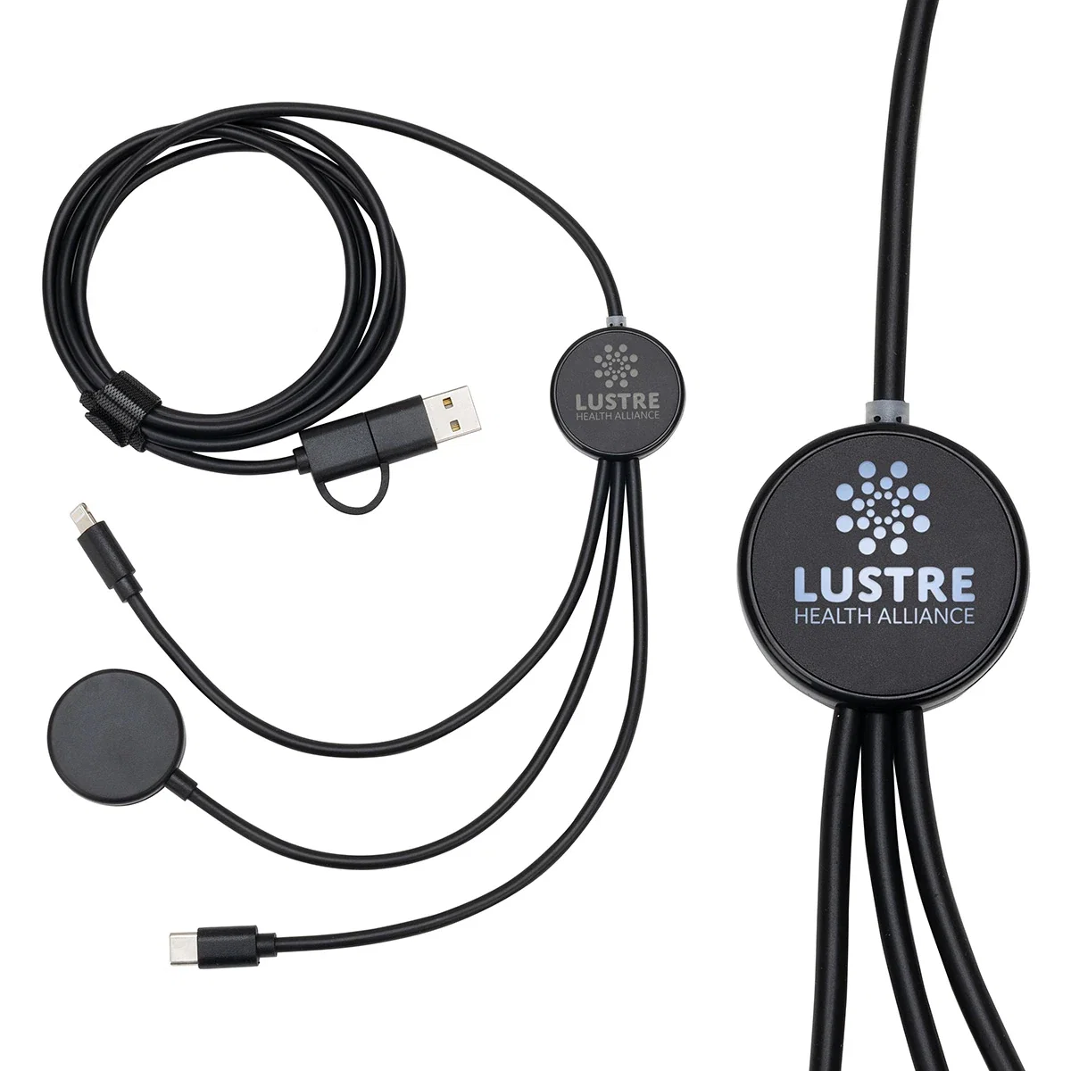 Custom Infinity 5-in-1 Charging Cable, front view of the branded multi-device cable
