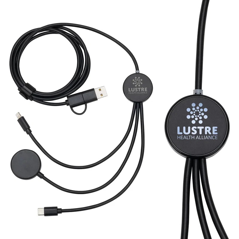 Custom Infinity 5-in-1 Charging Cable, front view of the branded multi-device cable