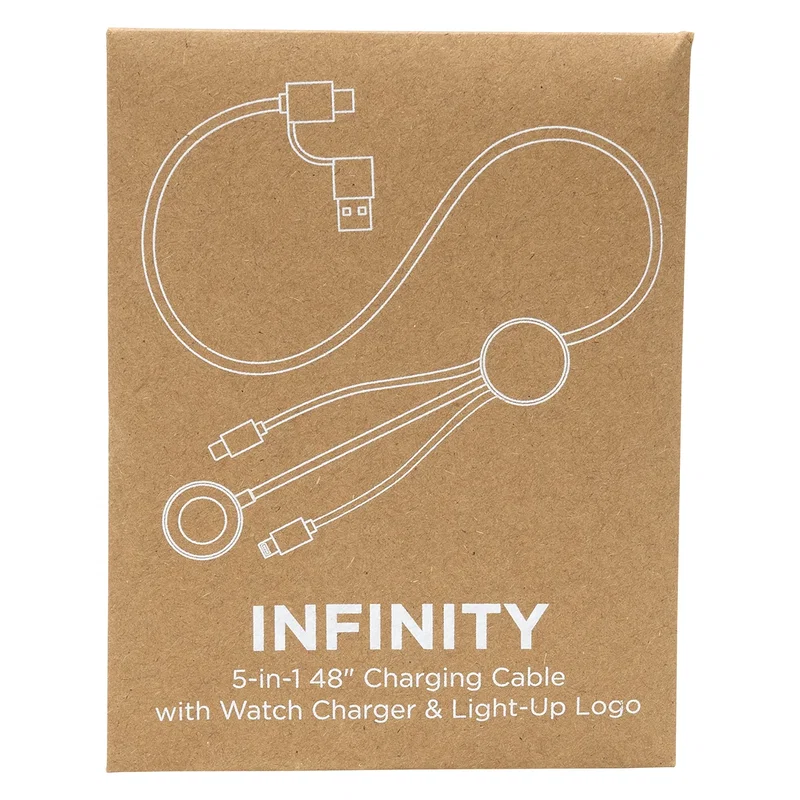 Retail packaging for the Infinity 5-in-1 Charging Cable with Watch Charger & Light-Up Logo