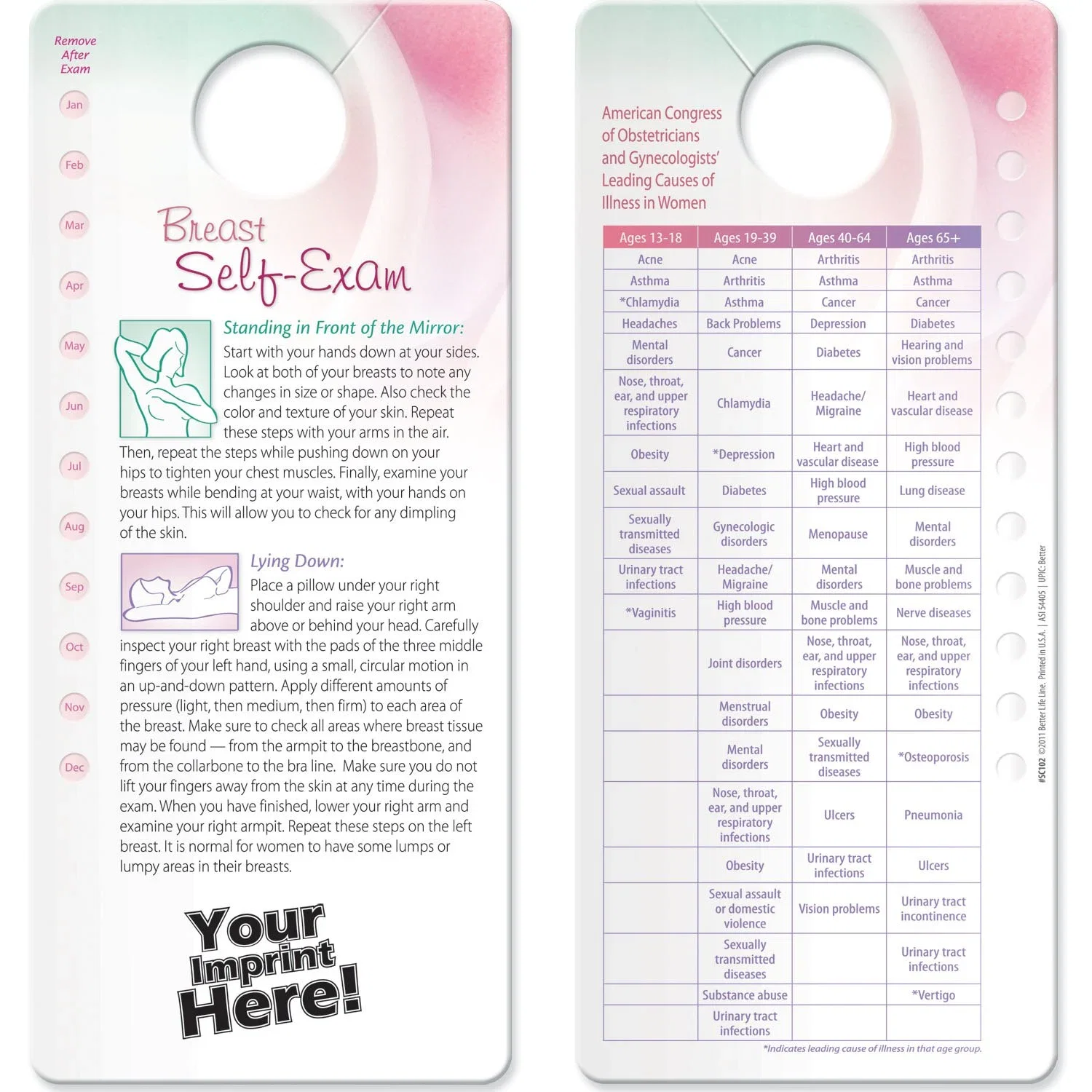 Informational Shower Card, hero front view of waterproof breast self-exam guide card