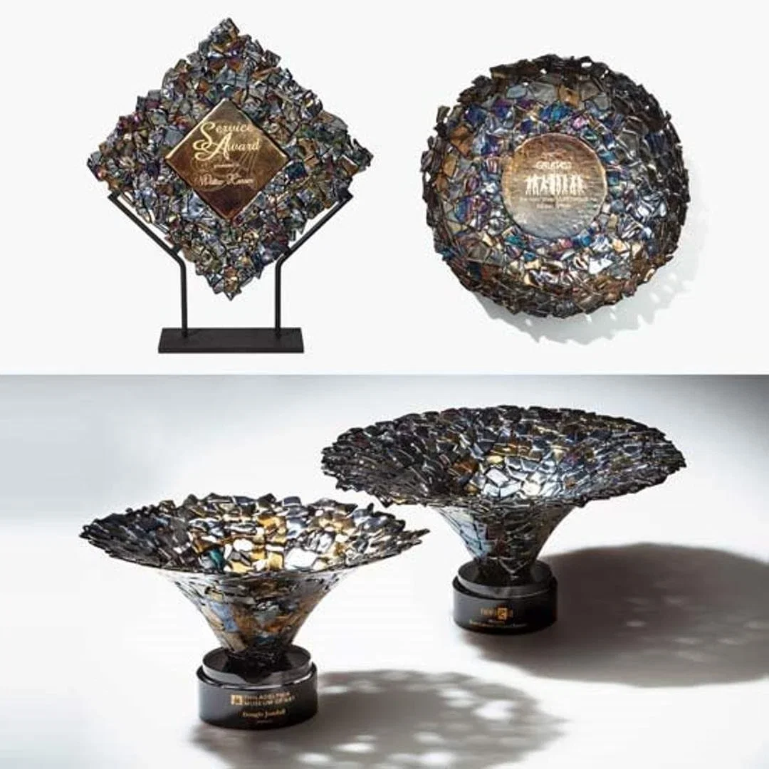 Custom Fused Gold and Silver Shard Art Glass Bowl Award With Ebony Chips for employee recognition